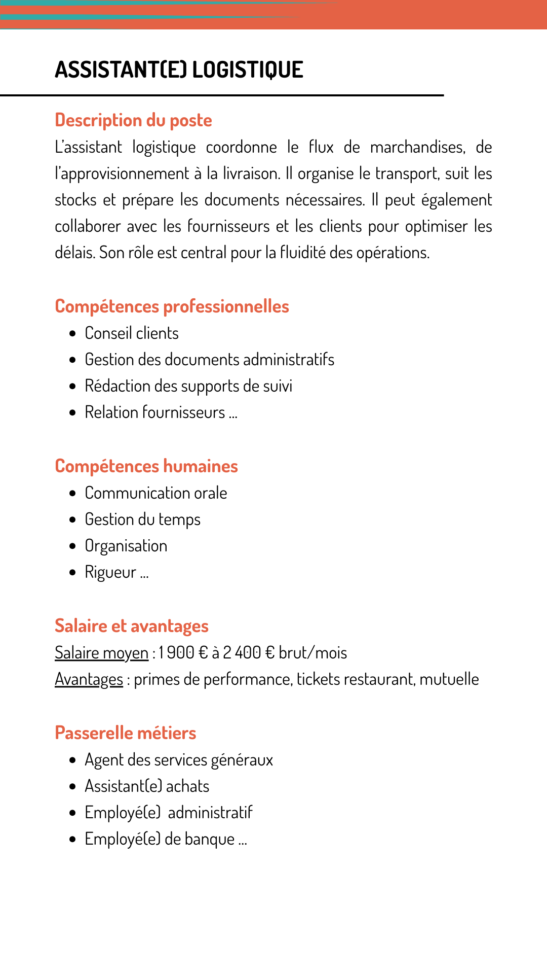 Fiche métier assistant logistique qui explique les missions, les compétences recherchées, le salaire et les métiers qui demandent les mêmes compétences