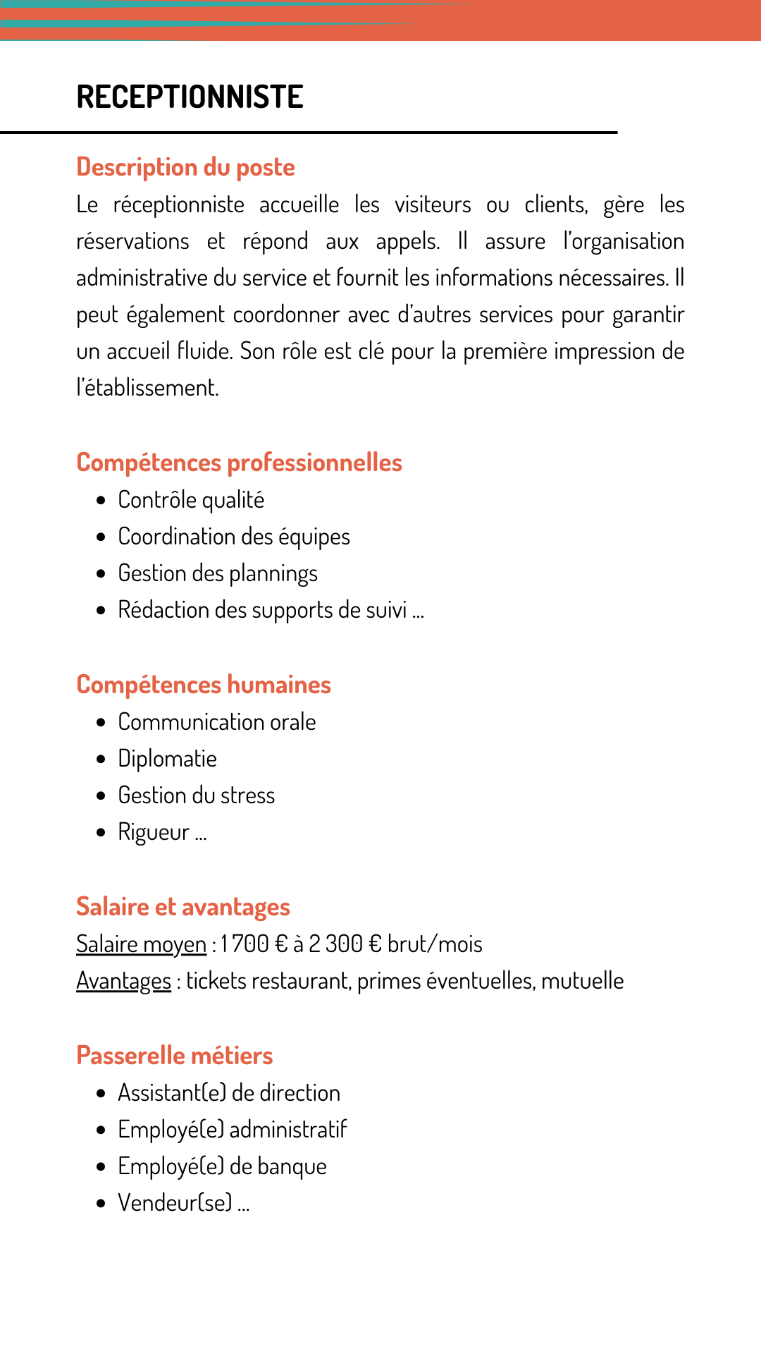 Fiche métier réceptionniste qui explique les missions, les compétences recherchées, le salaire et les métiers qui demandent les mêmes compétences
