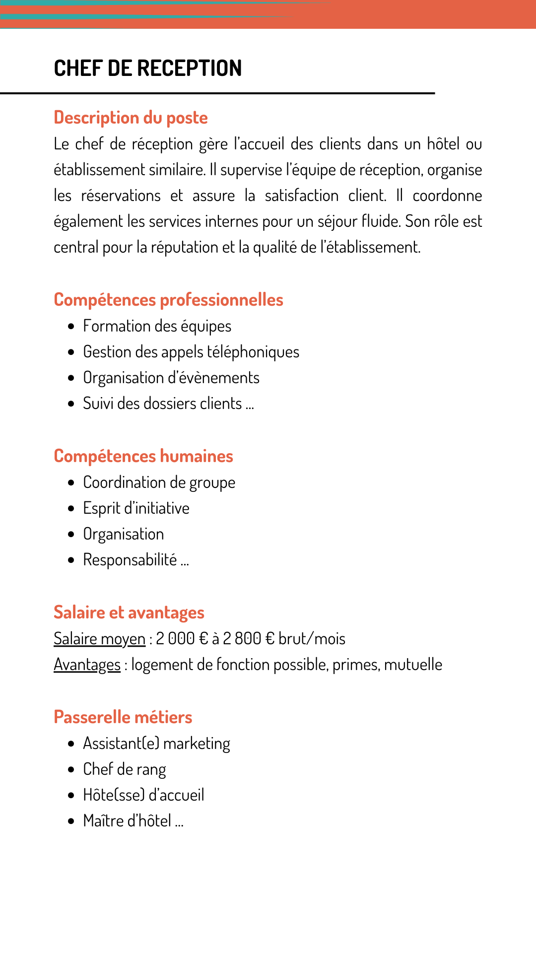 Fiche métier chef réception qui explique les missions, les compétences recherchées, le salaire et les métiers qui demandent les mêmes compétences