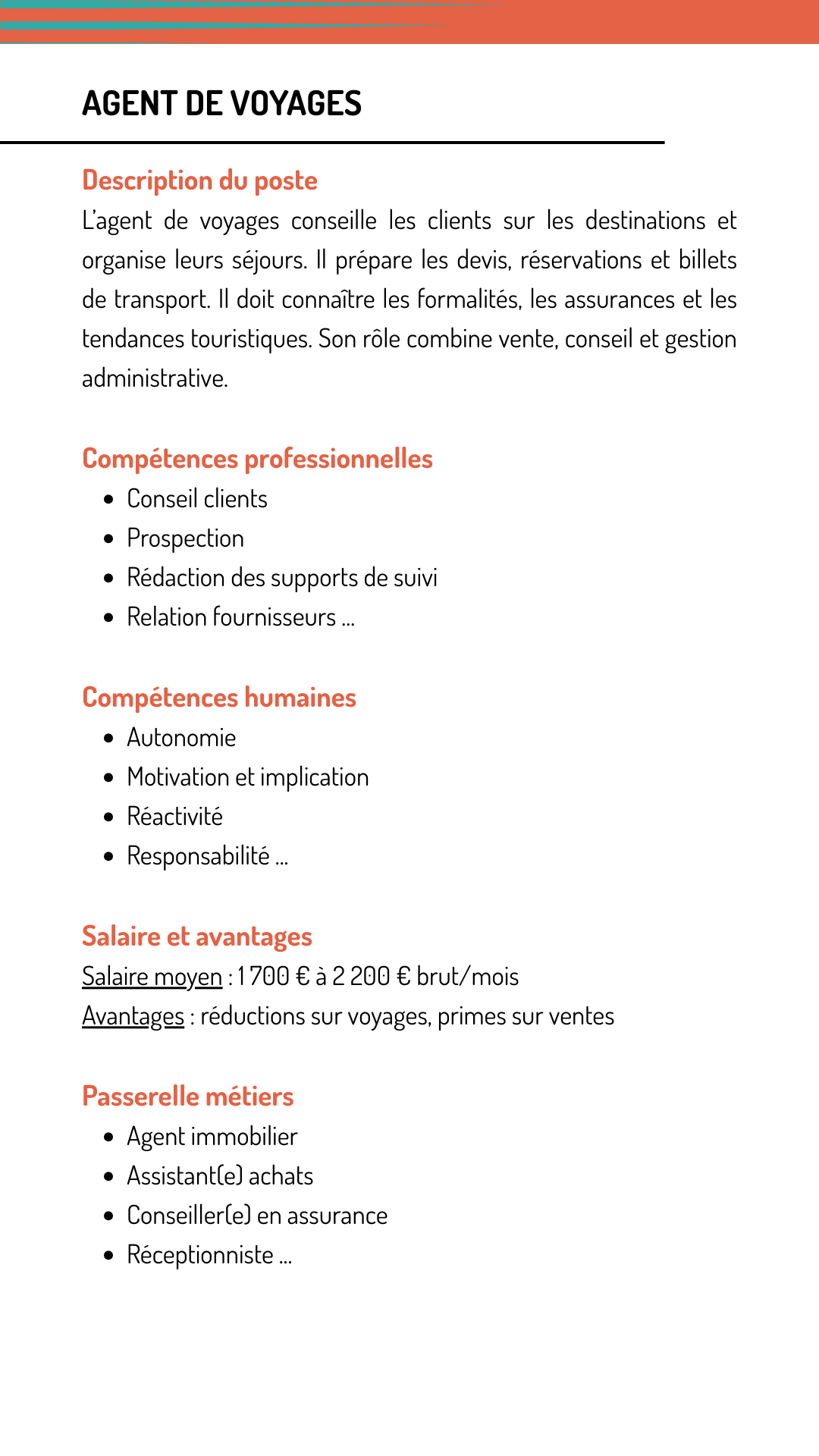 Fiche métier agent voyages qui explique les missions, les compétences recherchées, le salaire et les métiers qui demandent les mêmes compétences