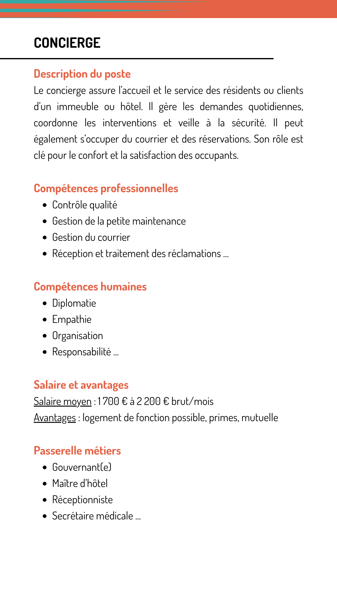 Fiche métier concierge qui explique les missions, les compétences recherchées, le salaire et les métiers qui demandent les mêmes compétences