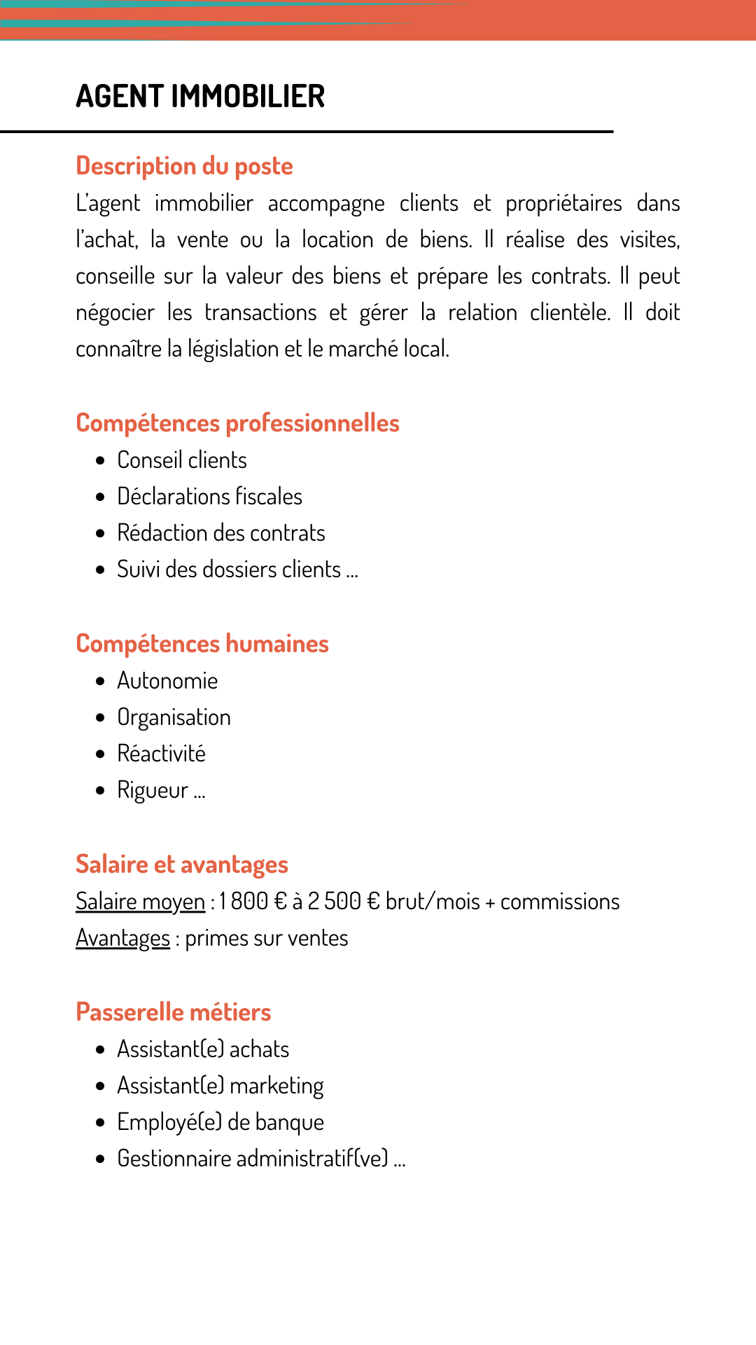 Fiche métier agent immobilier qui explique les missions, les compétences recherchées, le salaire et les métiers qui demandent les mêmes compétences