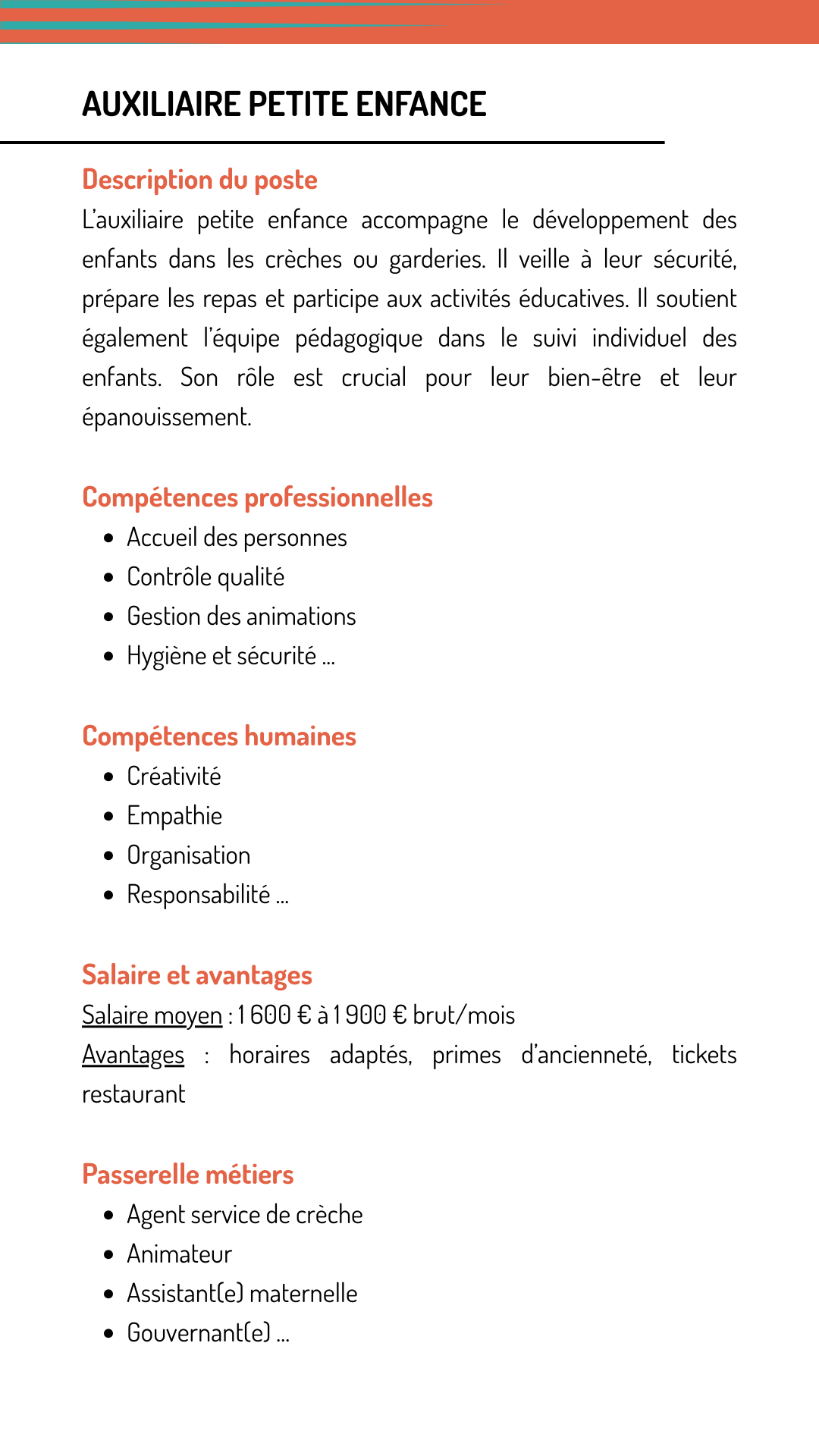 Fiche métier auxiliaire petite enfance  qui explique les missions, les compétences recherchées, le salaire et les métiers qui demandent les mêmes compétences