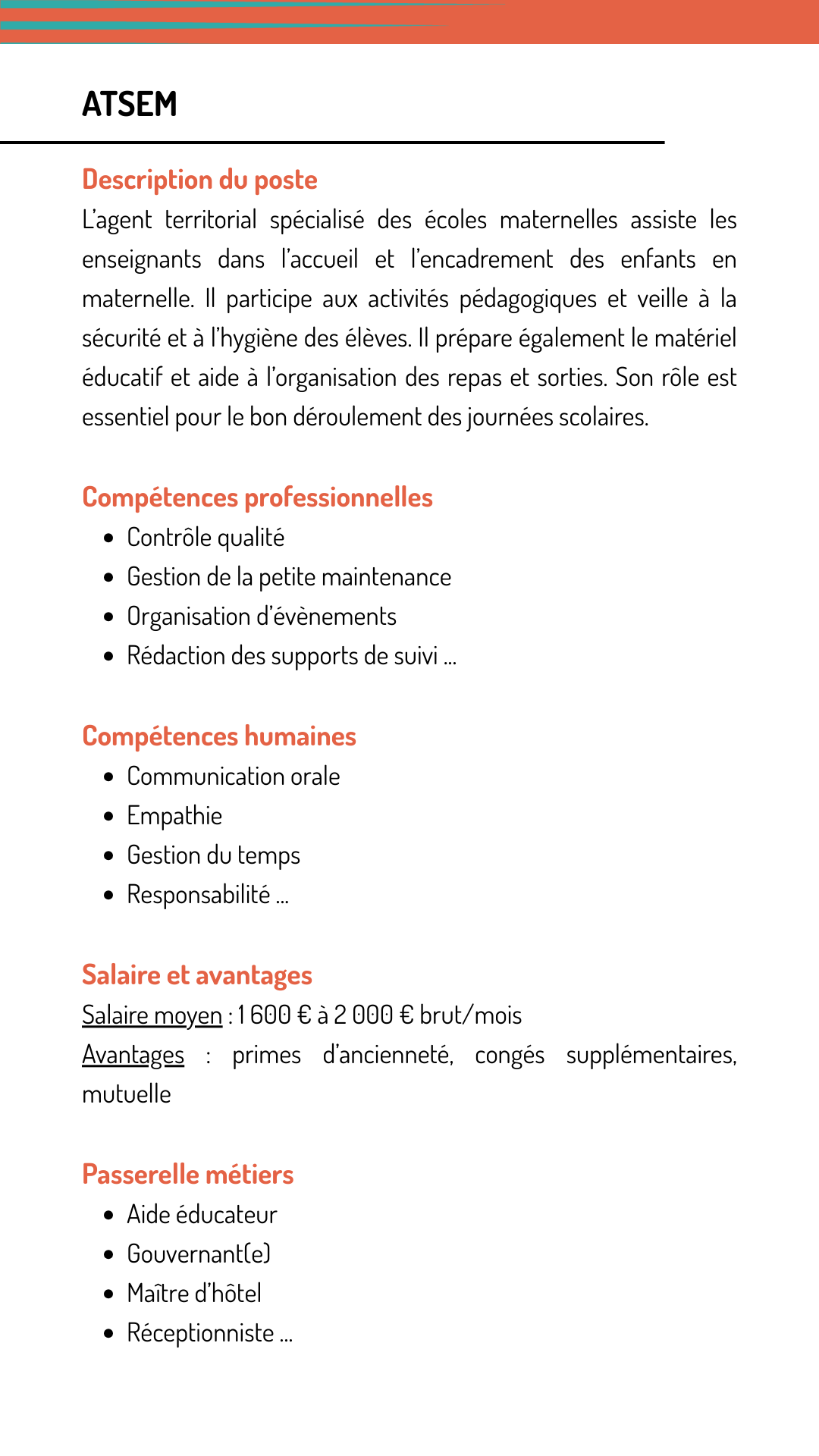 Fiche métier atsem  qui explique les missions, les compétences recherchées, le salaire et les métiers qui demandent les mêmes compétences