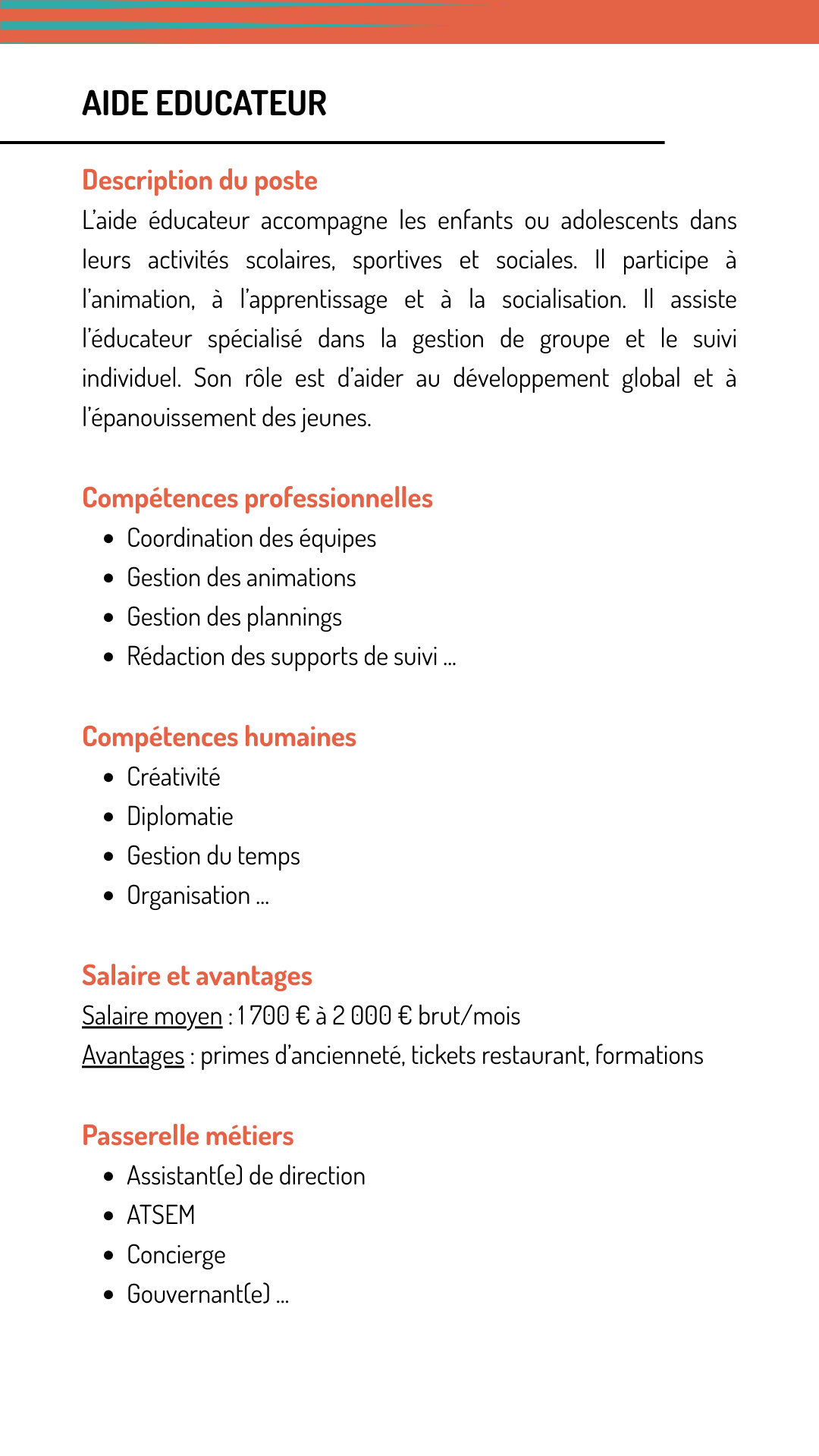 Fiche métier aide educateur qui explique les missions, les compétences recherchées, le salaire et les métiers qui demandent les mêmes compétences