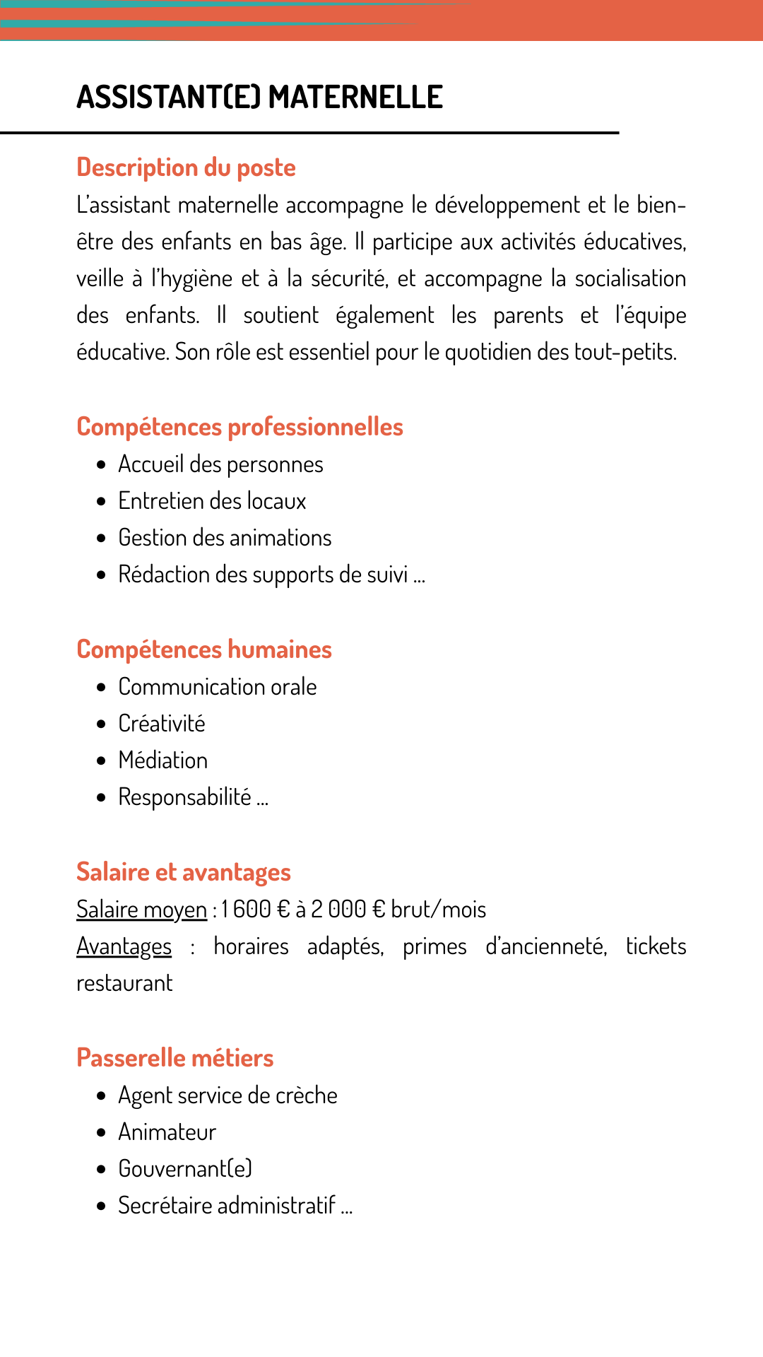 Fiche métier assistant maternelle qui explique les missions, les compétences recherchées, le salaire et les métiers qui demandent les mêmes compétences