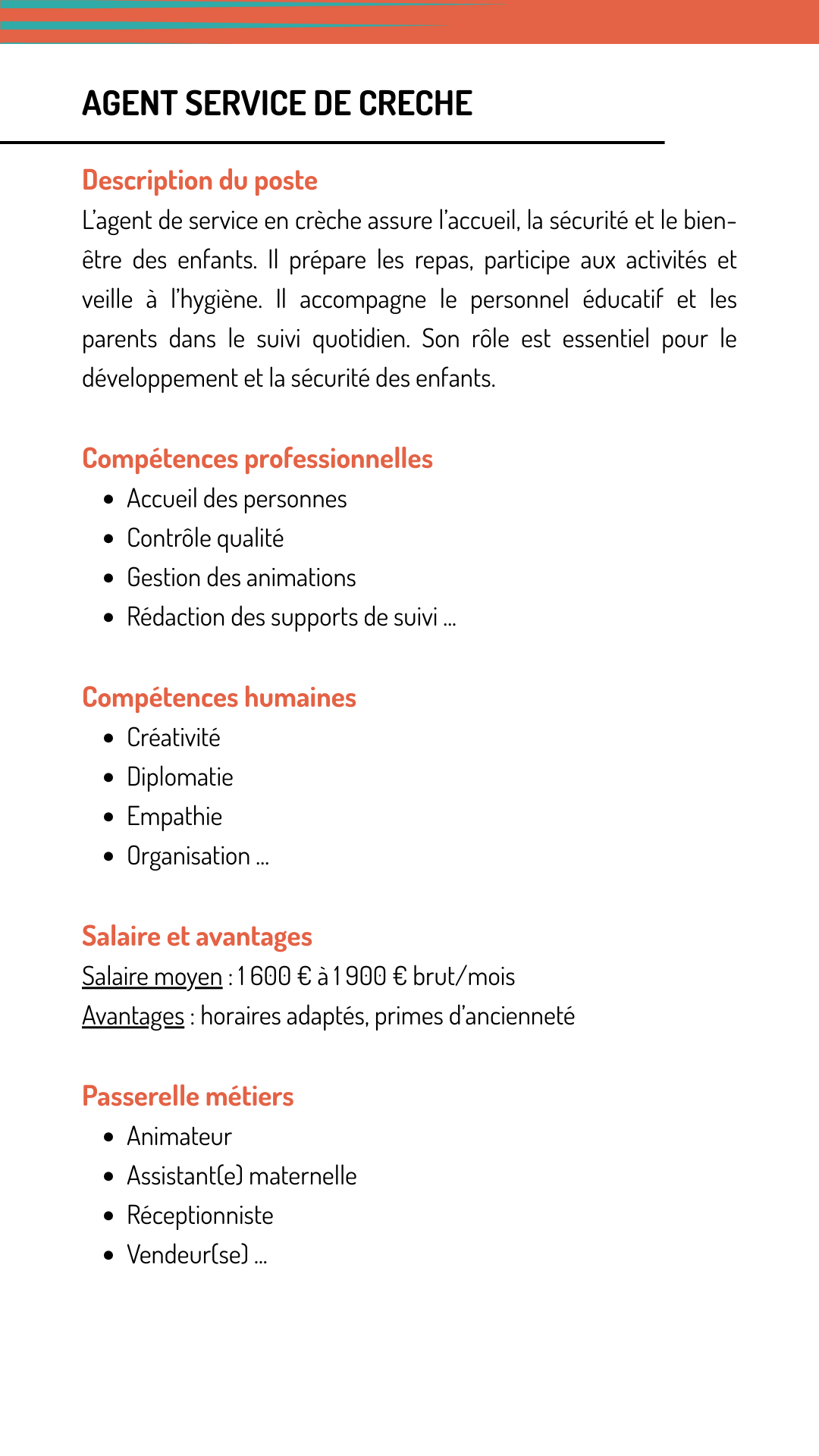 Fiche métier agent service creche qui explique les missions, les compétences recherchées, le salaire et les métiers qui demandent les mêmes compétences