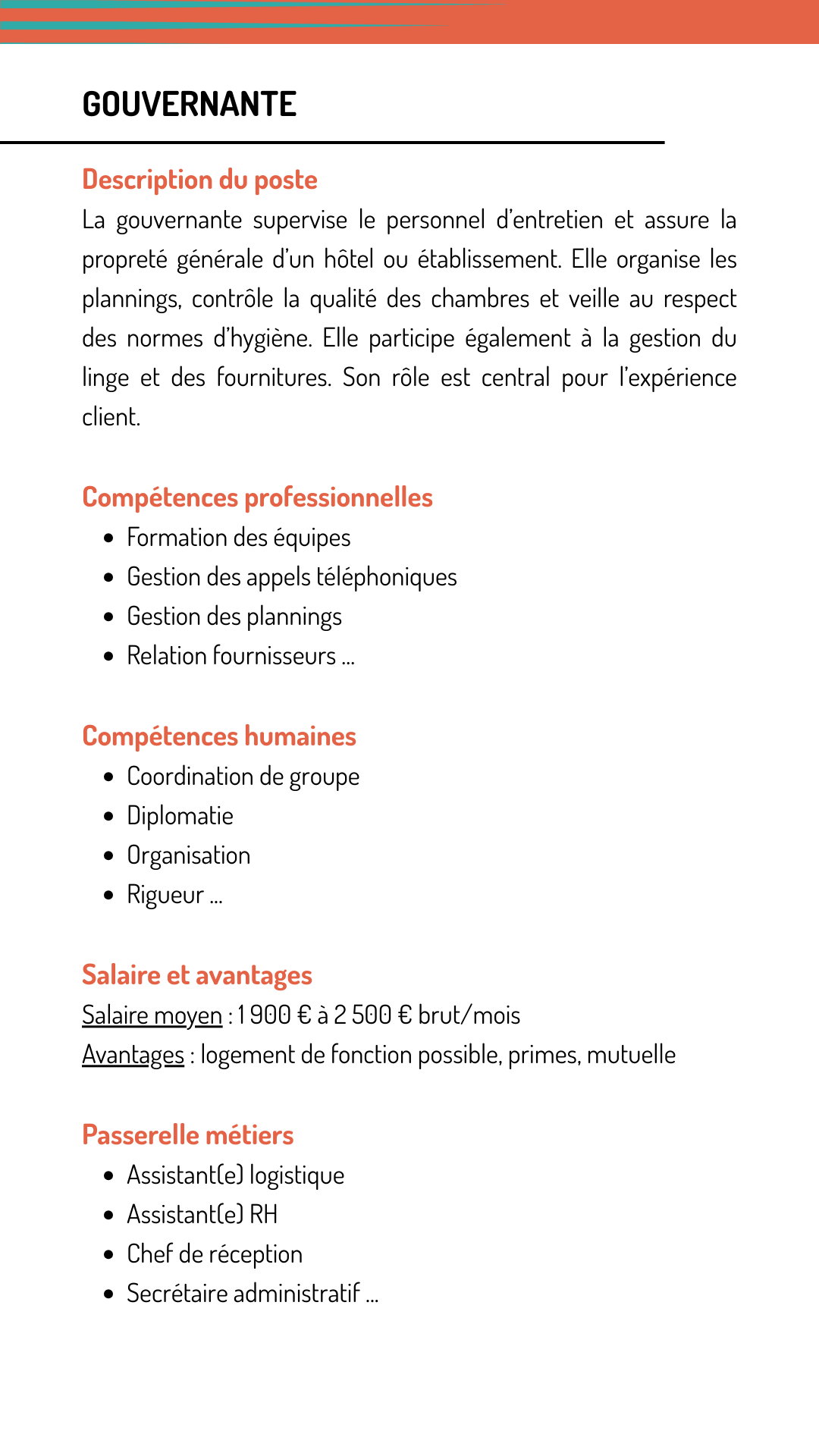 Fiche métier gouvernante qui explique les missions, les compétences recherchées, le salaire et les métiers qui demandent les mêmes compétences