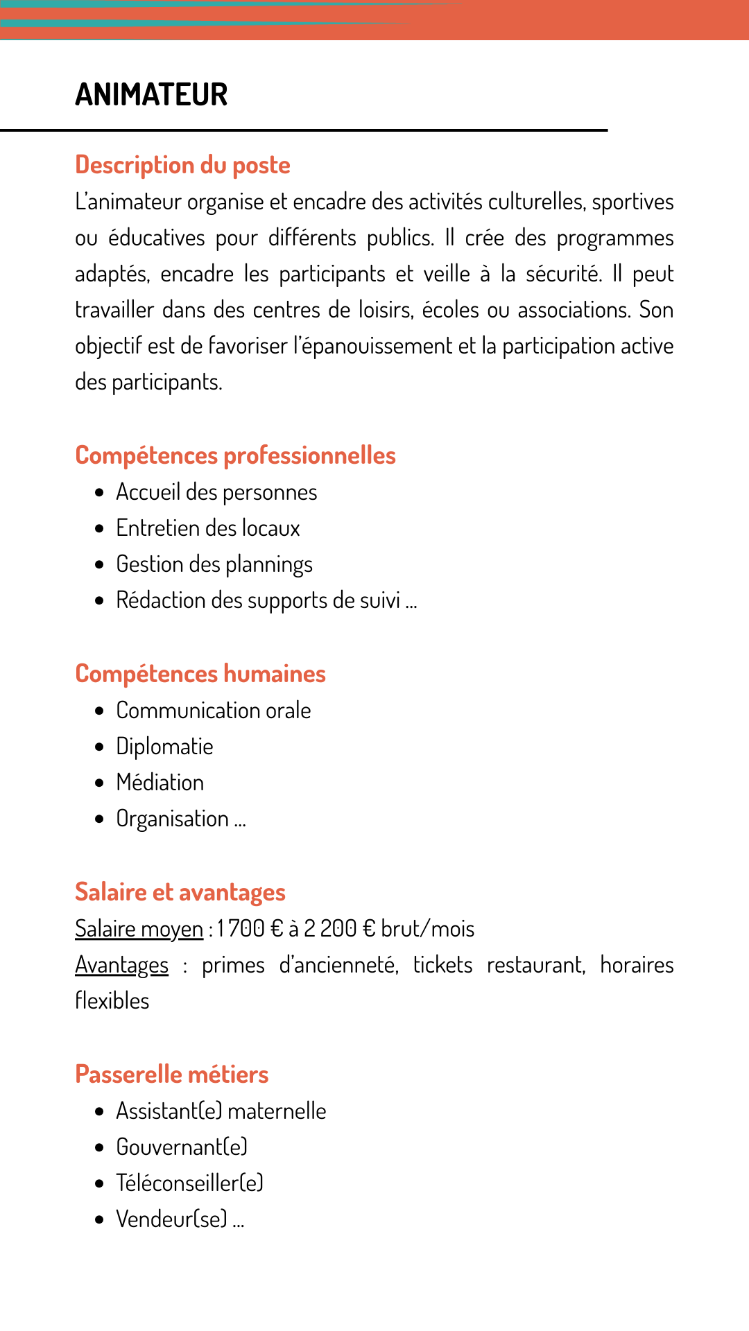 Fiche métier animateur qui explique les missions, les compétences recherchées, le salaire et les métiers qui demandent les mêmes compétences