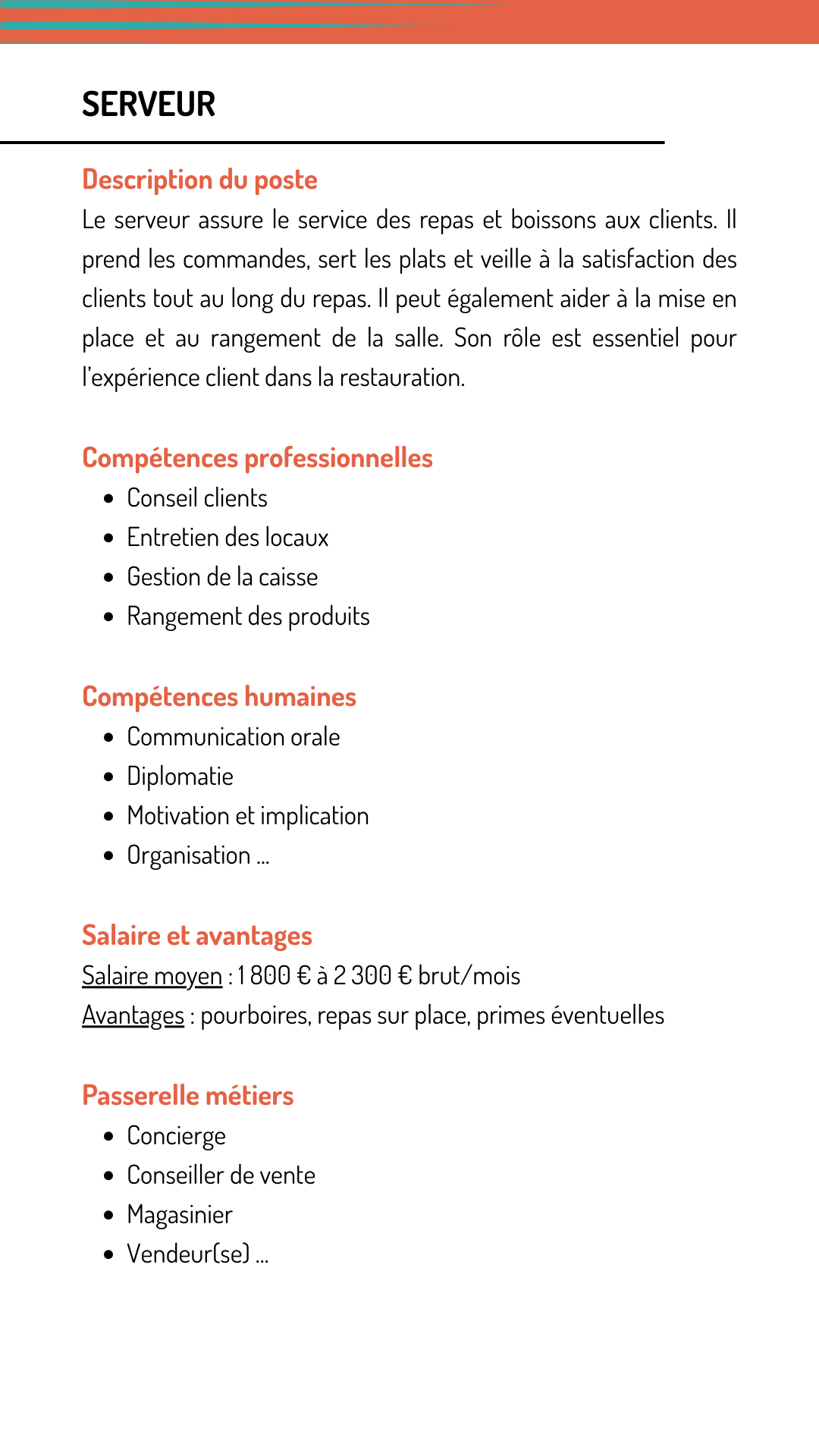 Fiche métier serveur qui explique les missions, les compétences recherchées, le salaire et les métiers qui demandent les mêmes compétences