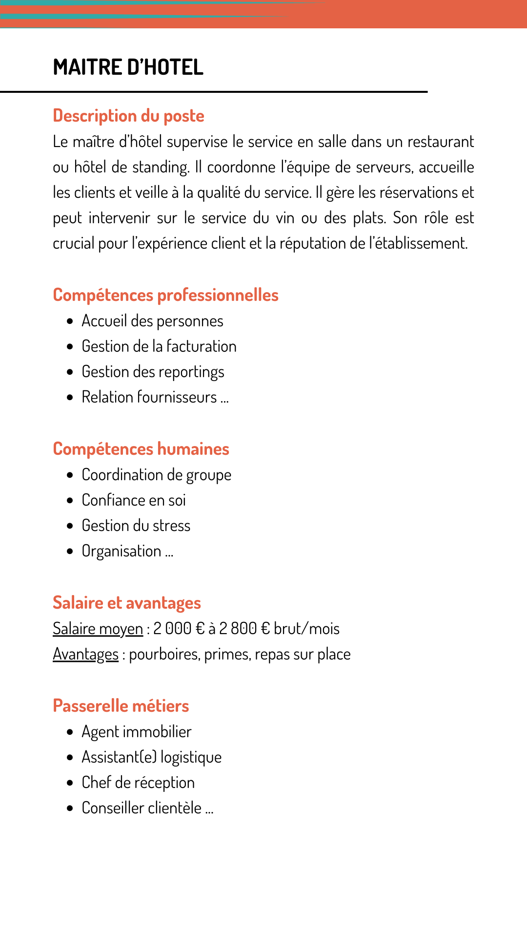 Fiche métier maitre hotel qui explique les missions, les compétences recherchées, le salaire et les métiers qui demandent les mêmes compétences