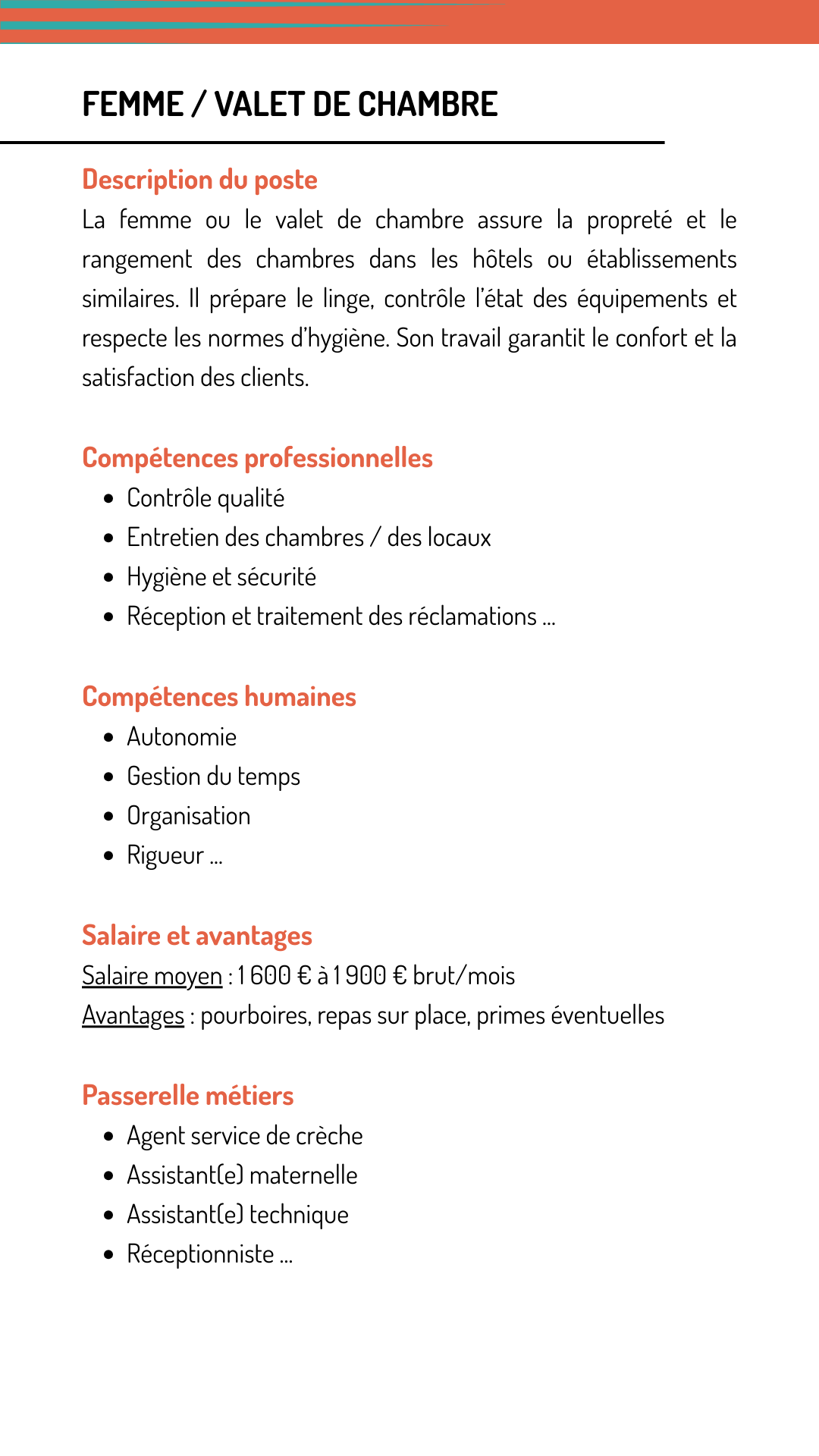 Fiche métier femme valet chambre qui explique les missions, les compétences recherchées, le salaire et les métiers qui demandent les mêmes compétences