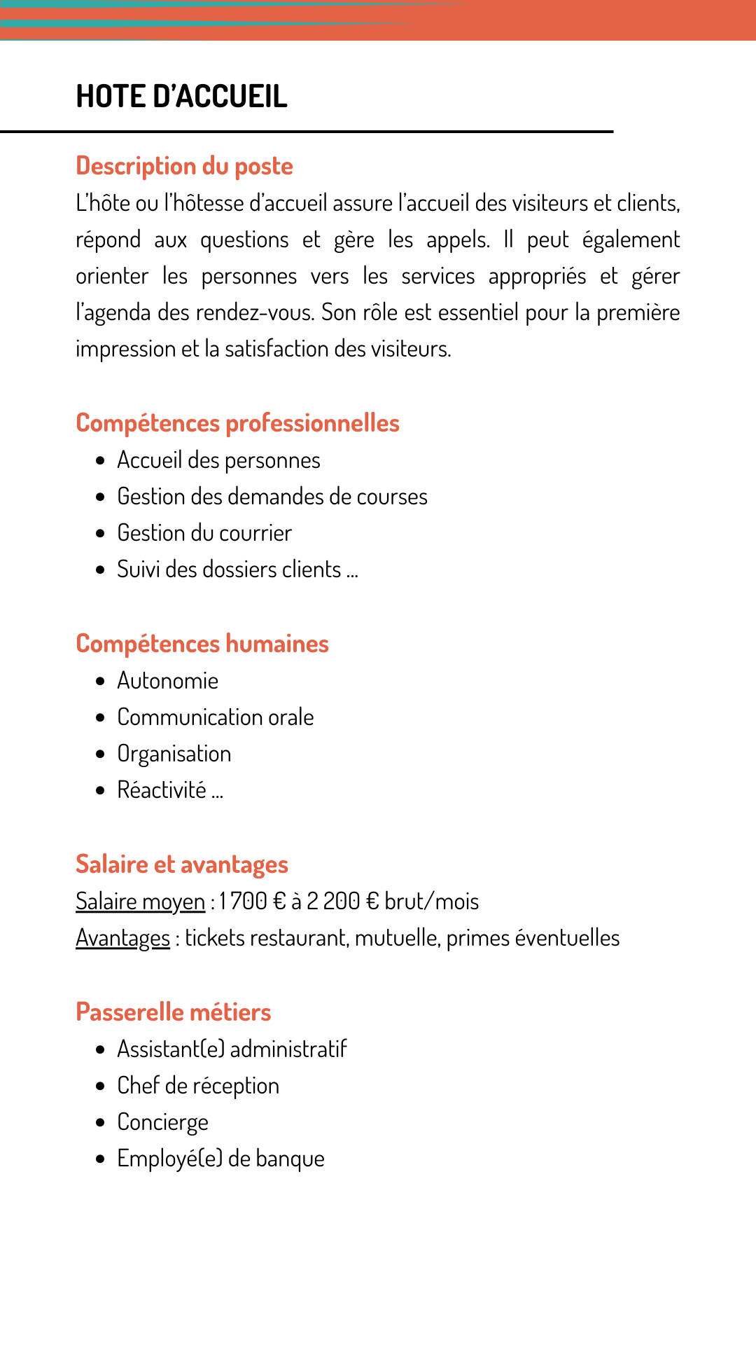 Fiche métier hote accueil qui explique les missions, les compétences recherchées, le salaire et les métiers qui demandent les mêmes compétences