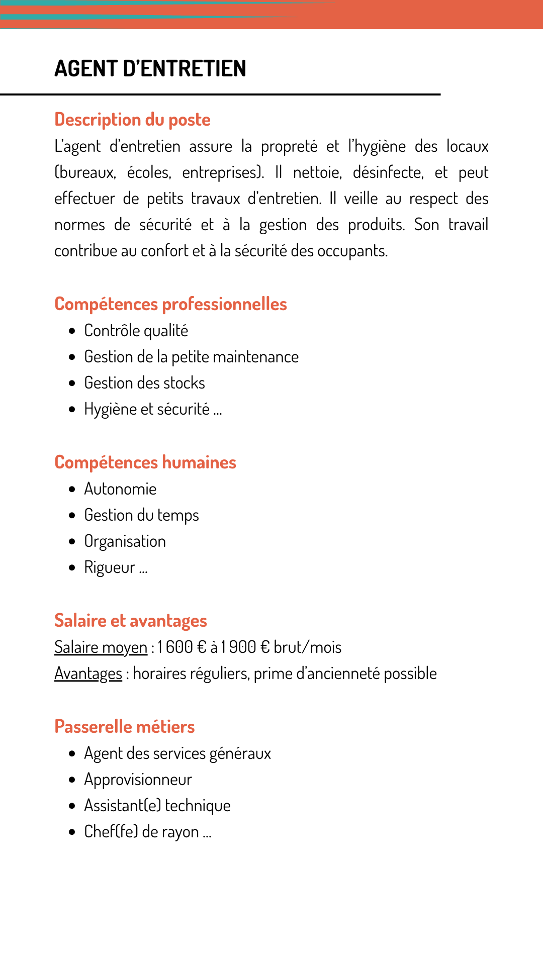 Fiche métier agent entretien qui explique les missions, les compétences recherchées, le salaire et les métiers qui demandent les mêmes compétences