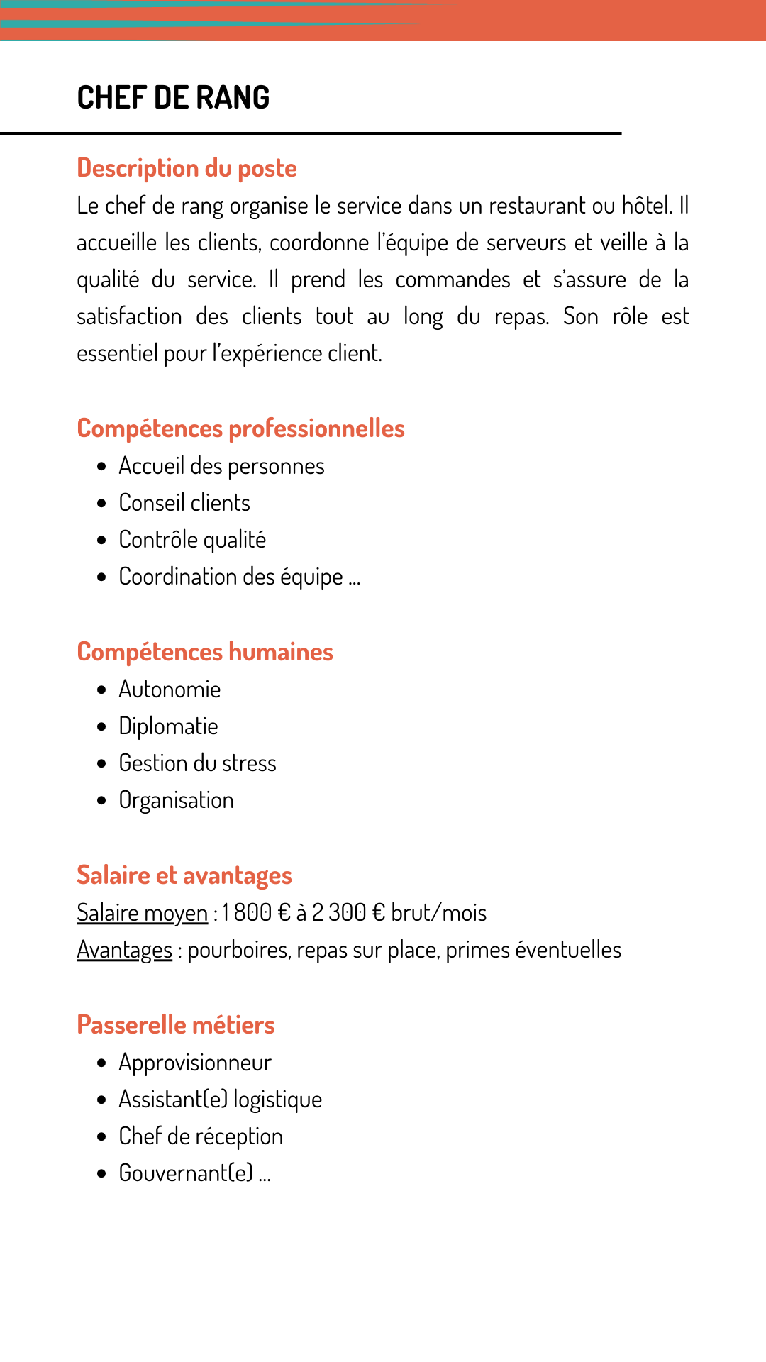 Fiche métier chef rang qui explique les missions, les compétences recherchées, le salaire et les métiers qui demandent les mêmes compétences