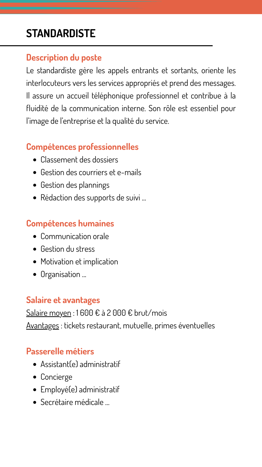 Fiche métier standardiste qui explique les missions, les compétences recherchées, le salaire et les métiers qui demandent les mêmes compétences