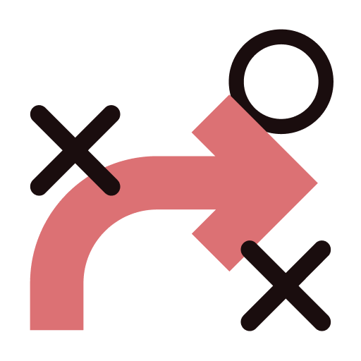 Curved arrow path with strategic X and O marks indicating a planned route or strategy.