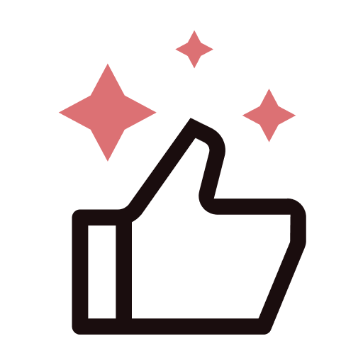 Black thumbs-up icon with three red sparkle stars above it.