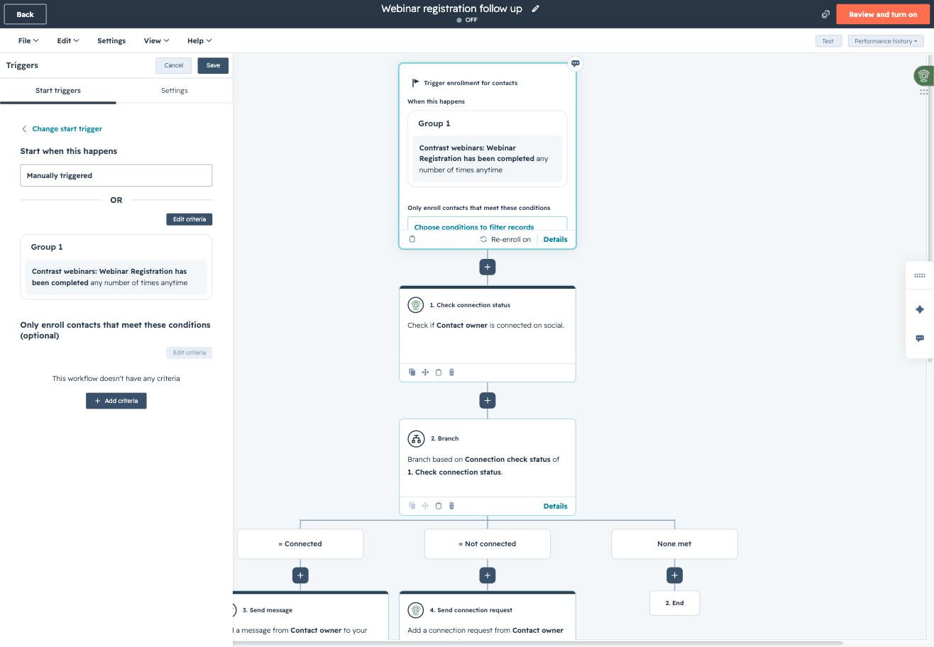 HubSpot workflow trigger set to Contrast webinars Webinar Registration has been completed