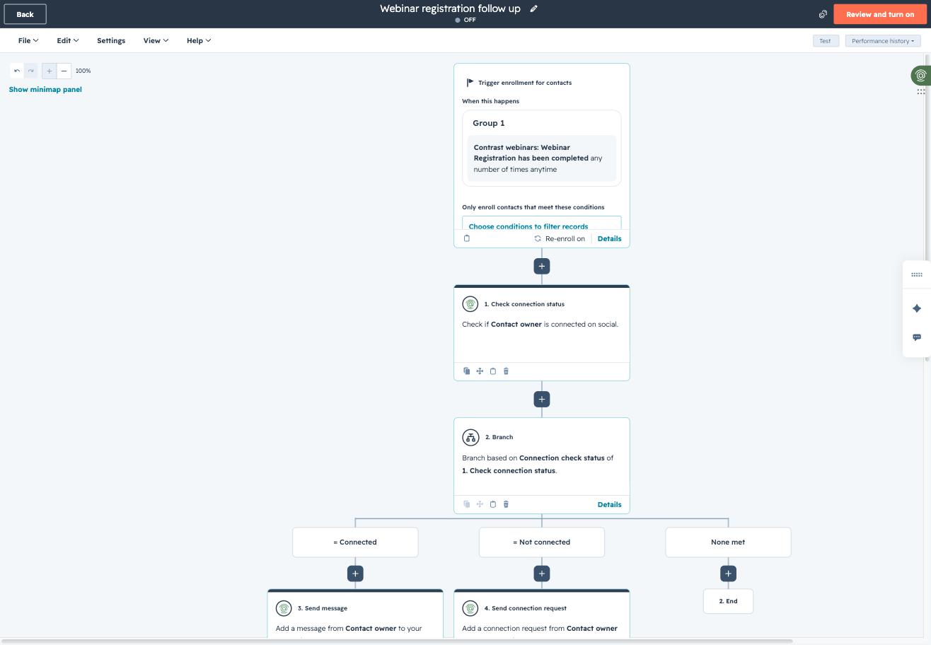 Finished HubSpot webinar registration follow-up workflow with trigger, Check connection status, and a three-way branch