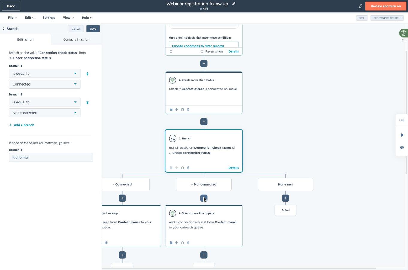 HubSpot Branch action with Connected, Not connected, and None met branches on Connection check status