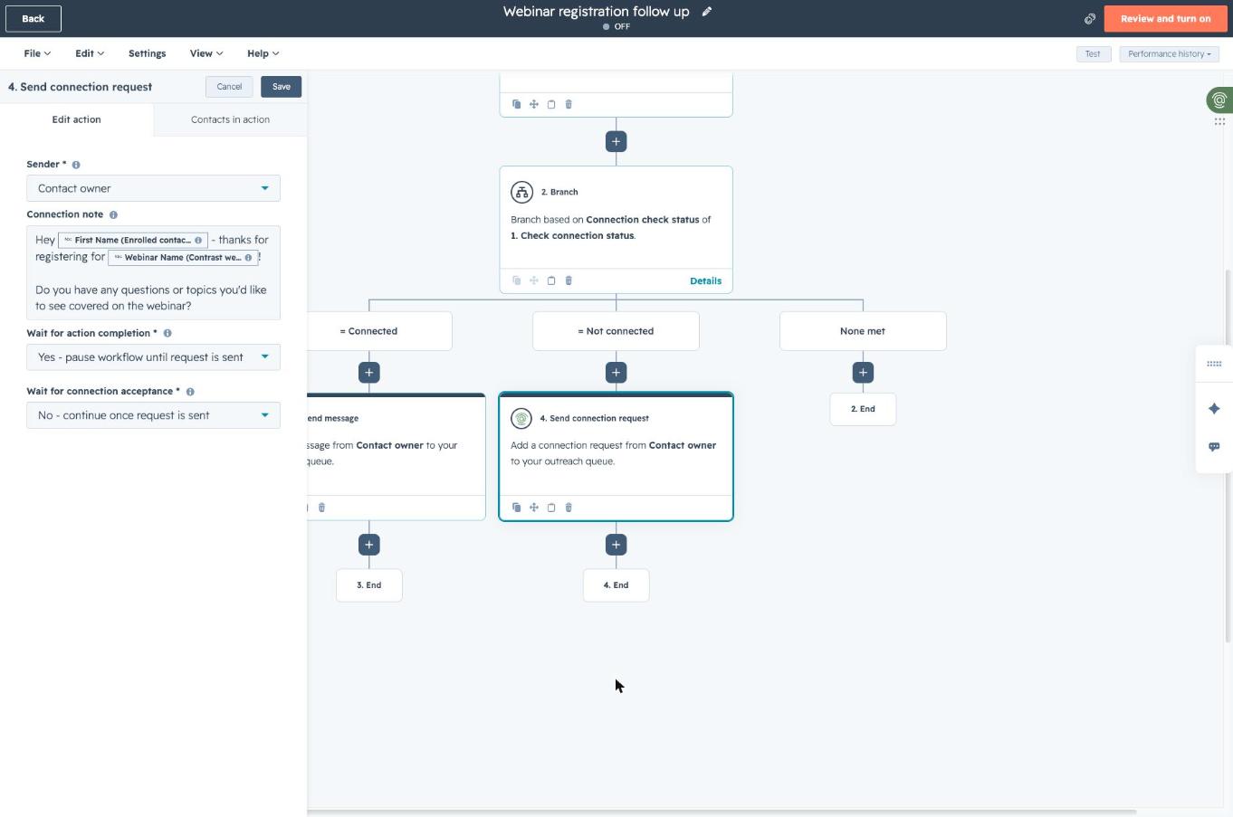 FirstTouch Send connection request action with a personalized connection note using First Name and Webinar Name tokens