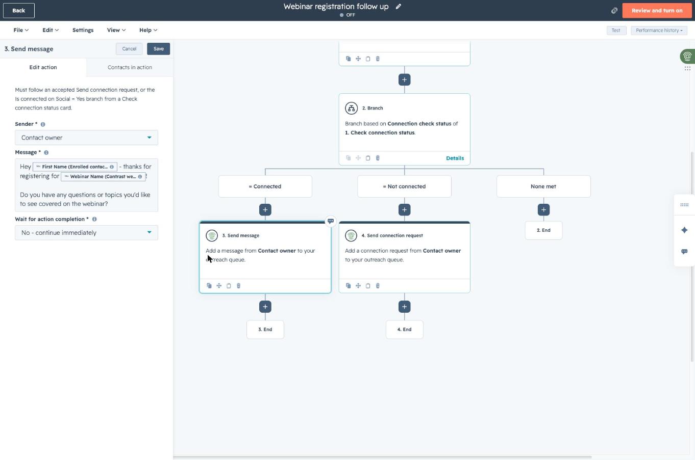 FirstTouch Send message action on the Connected branch with First Name and Webinar Name tokens