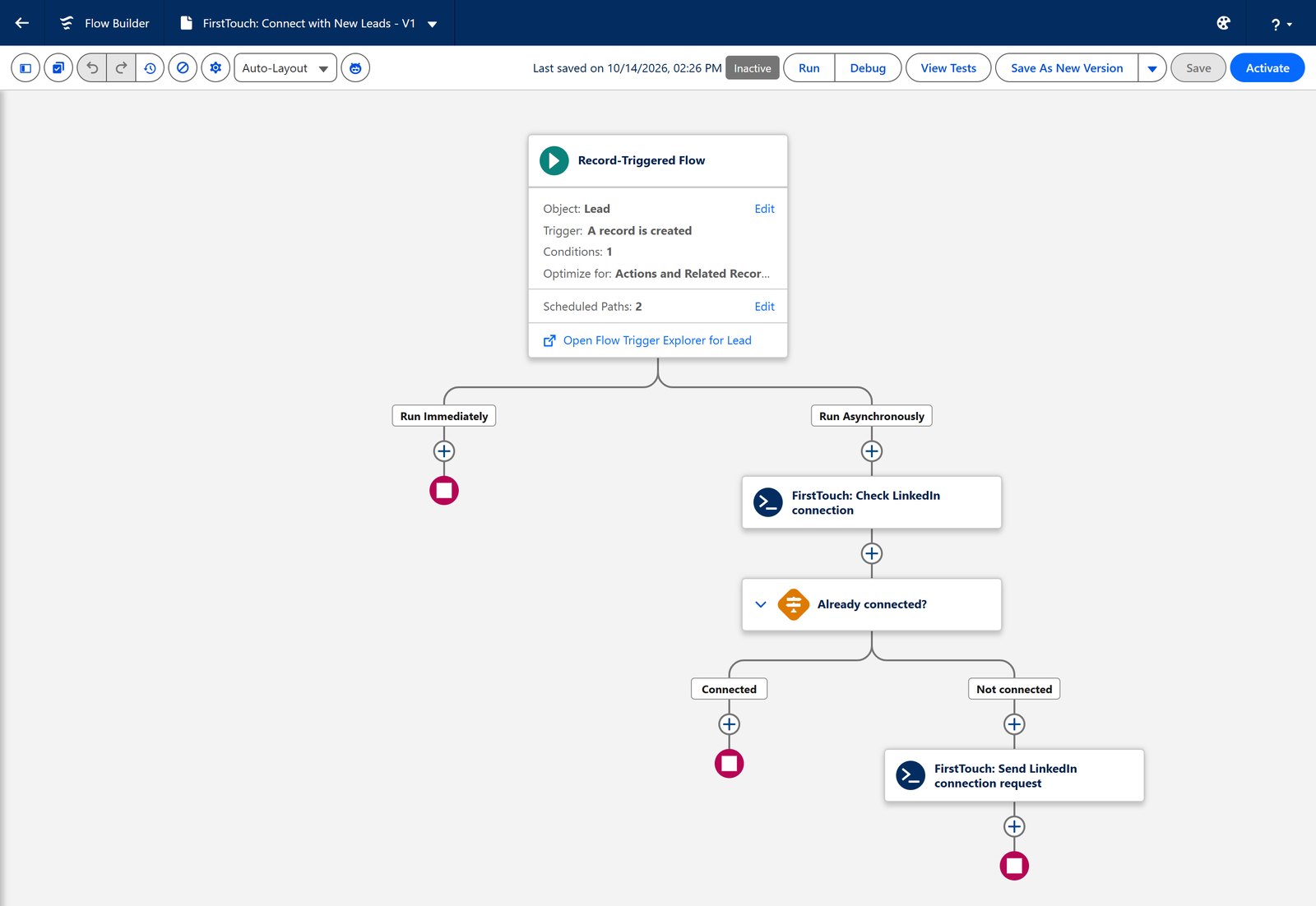 Salesforce Flow Builder: a record-triggered flow on Lead with FirstTouch Check LinkedIn connection and Send LinkedIn connection request actions