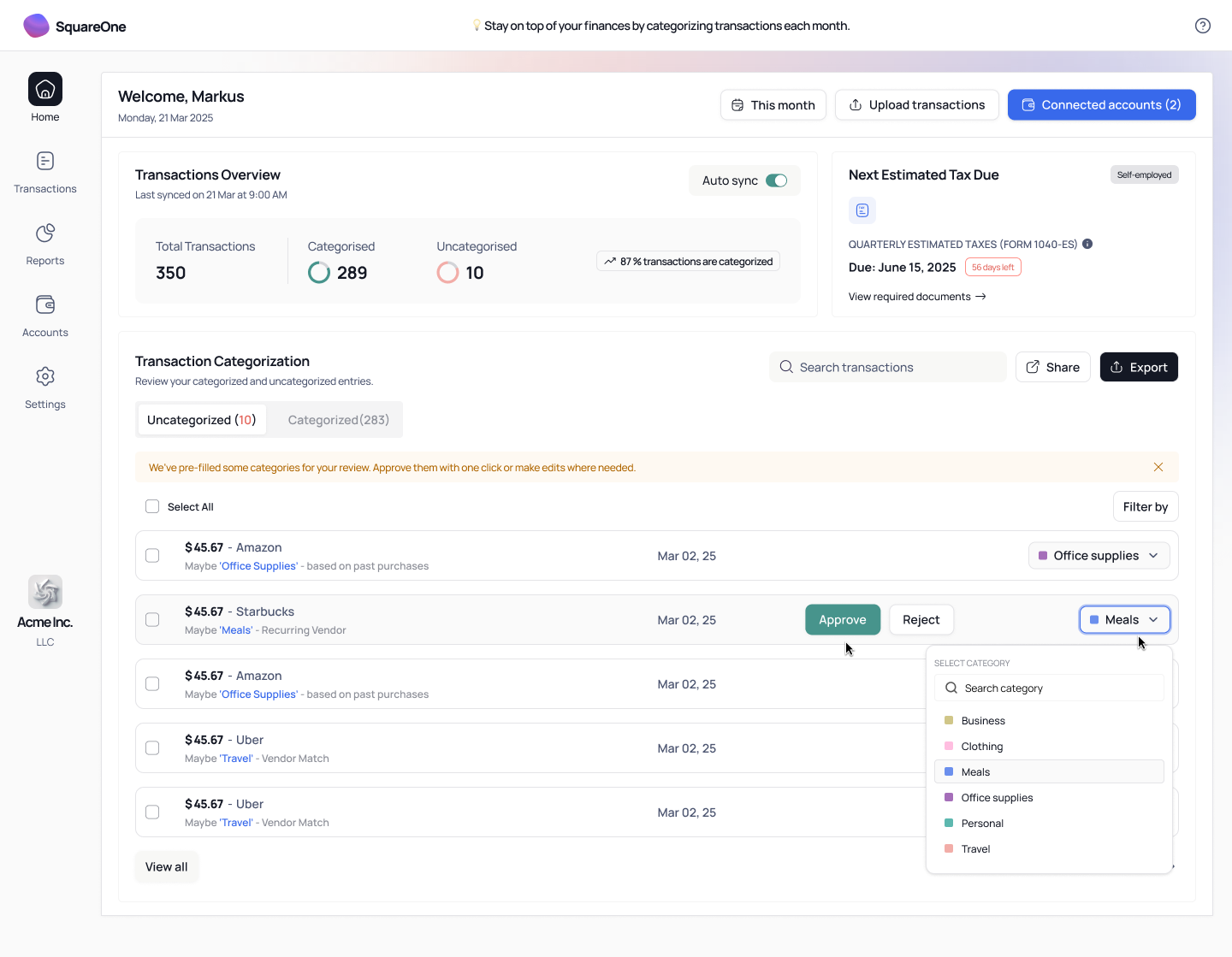 Pre-filled categories ready to approve or change