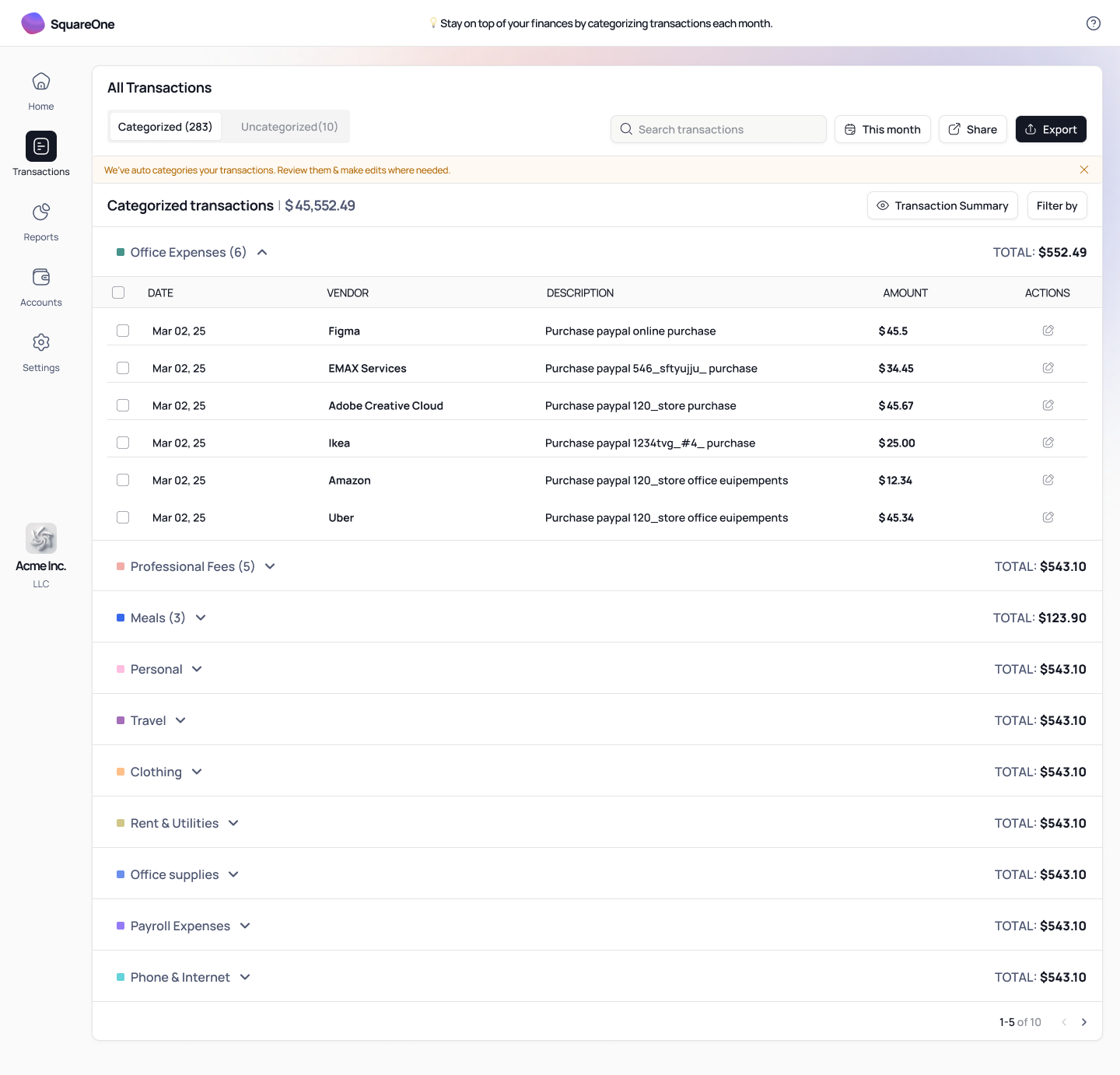 Categorized transactions grouped by category