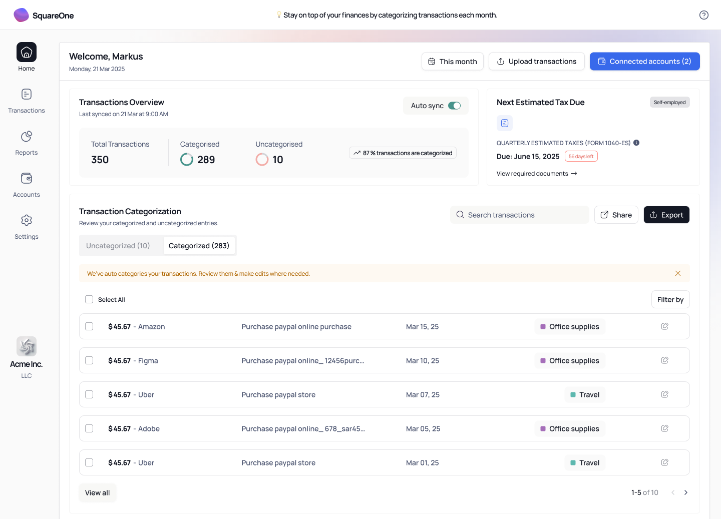 SquareOne home screen: transactions overview, next estimated tax due, and transaction categorization