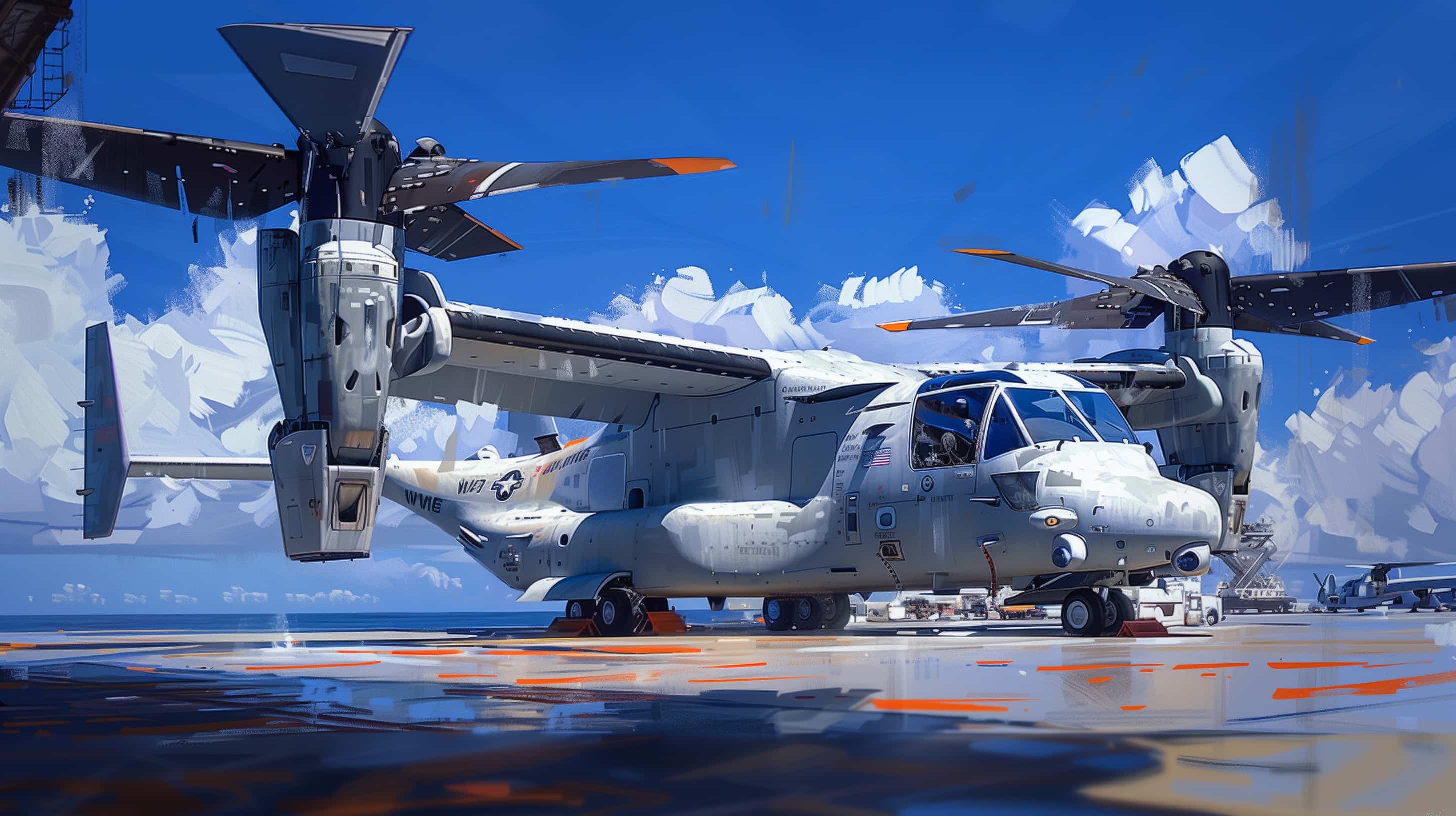 Illustration of a CV-22 Osprey tiltrotor aircraft.