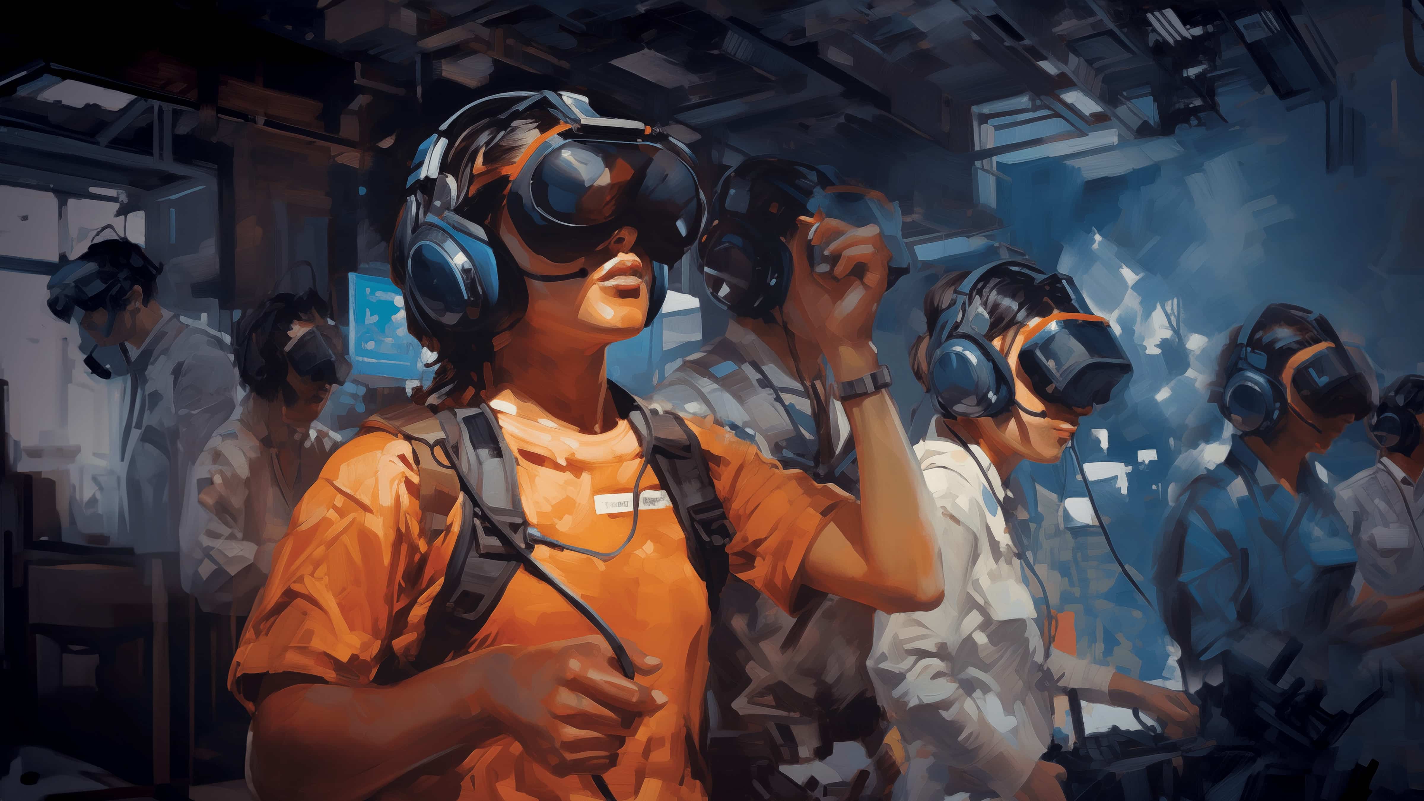 Illustration of factory workers wearing VR headsets.