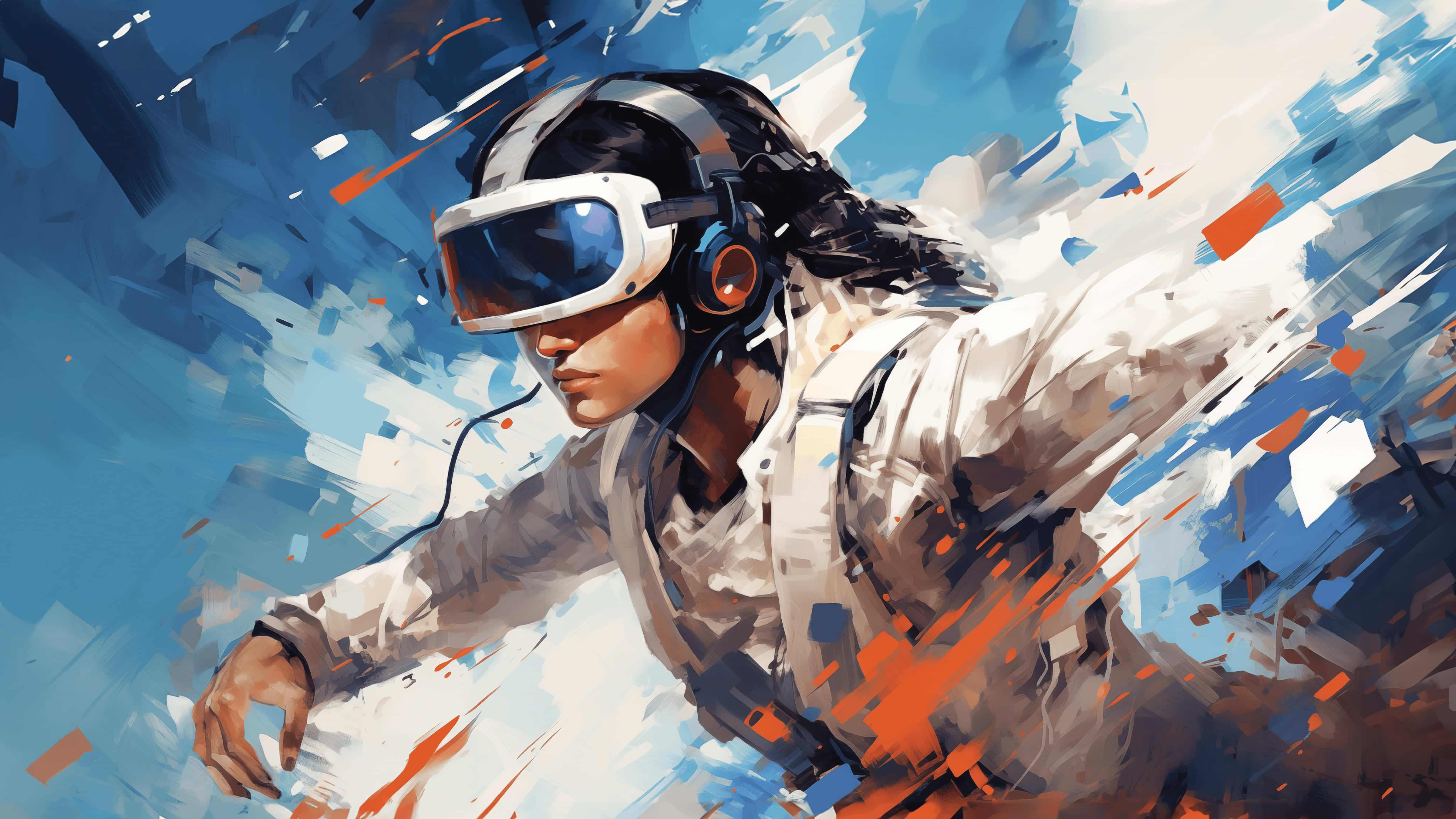 Illustration of a person in a VR headset amid swirling paint.