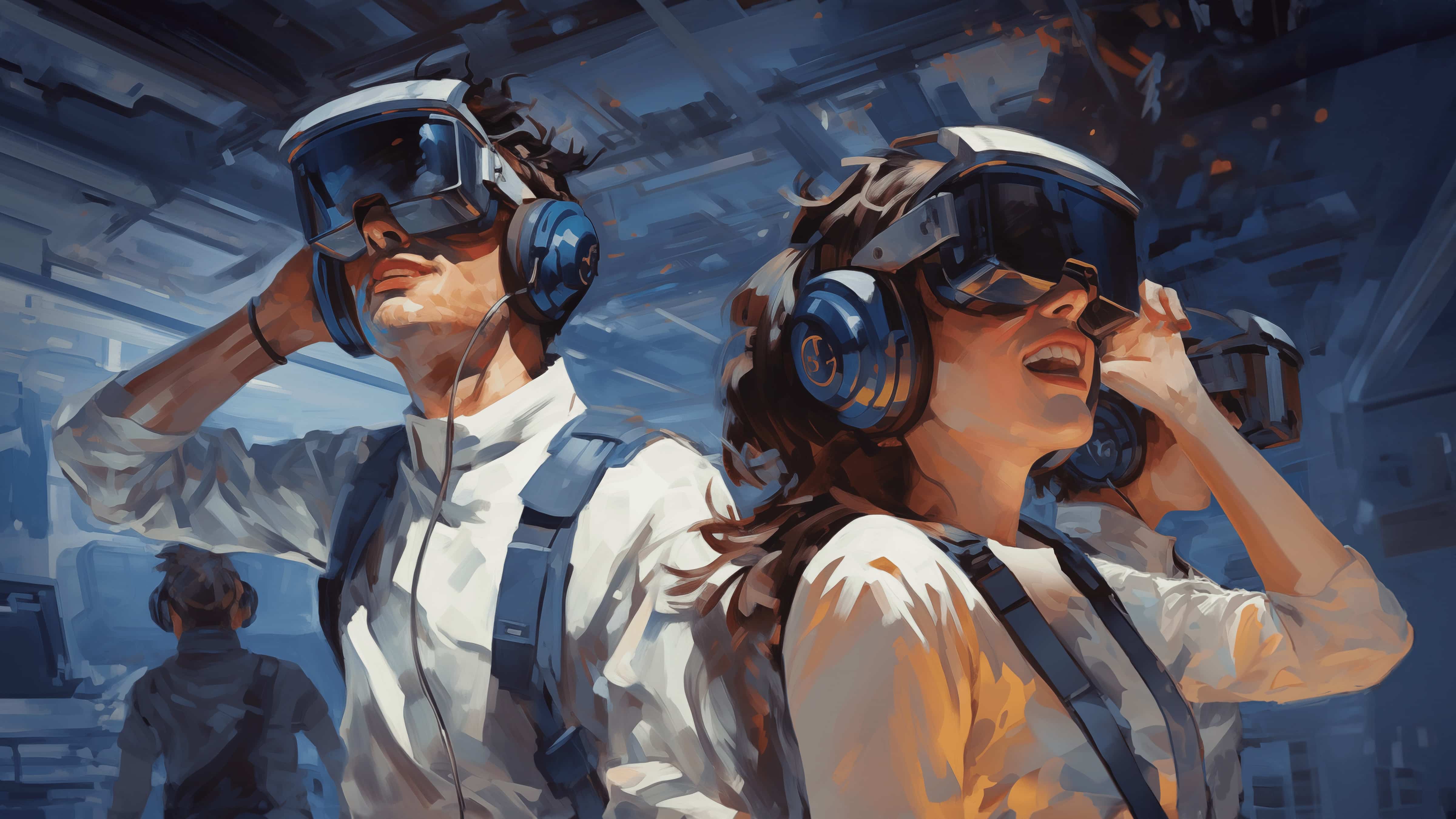 Illustration of two people wearing VR headsets.
