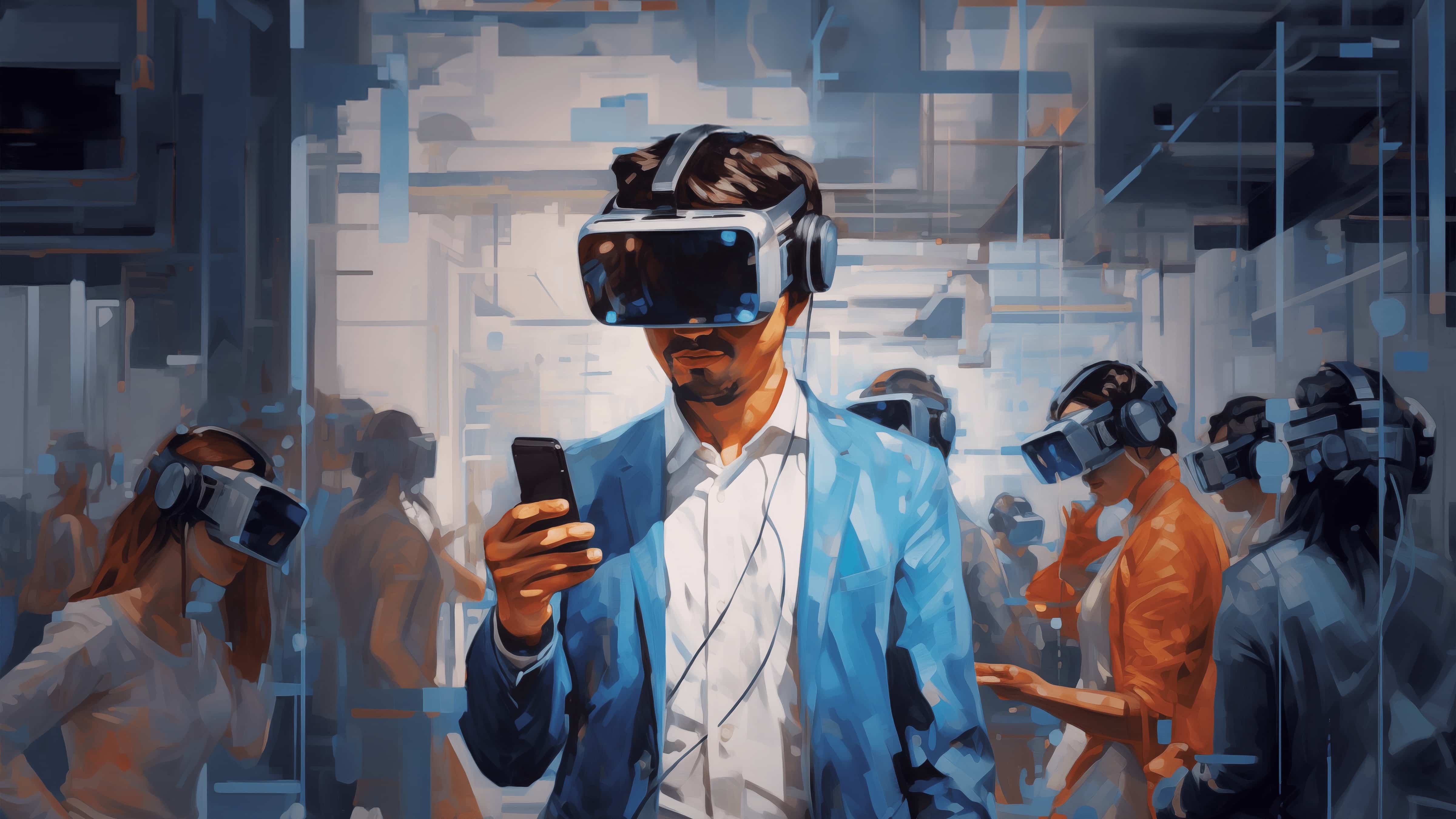 Illustration of a person using a VR headset among colleagues.