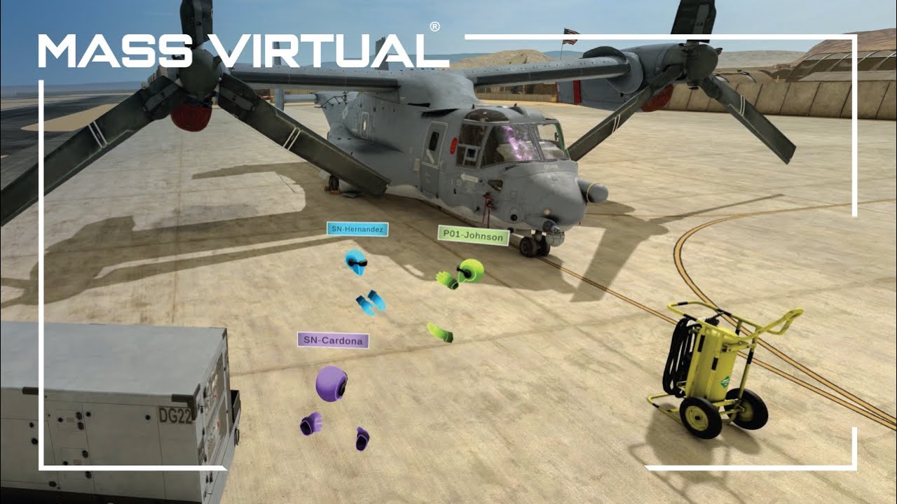 Virtual Hangar training scene with a tiltrotor aircraft.