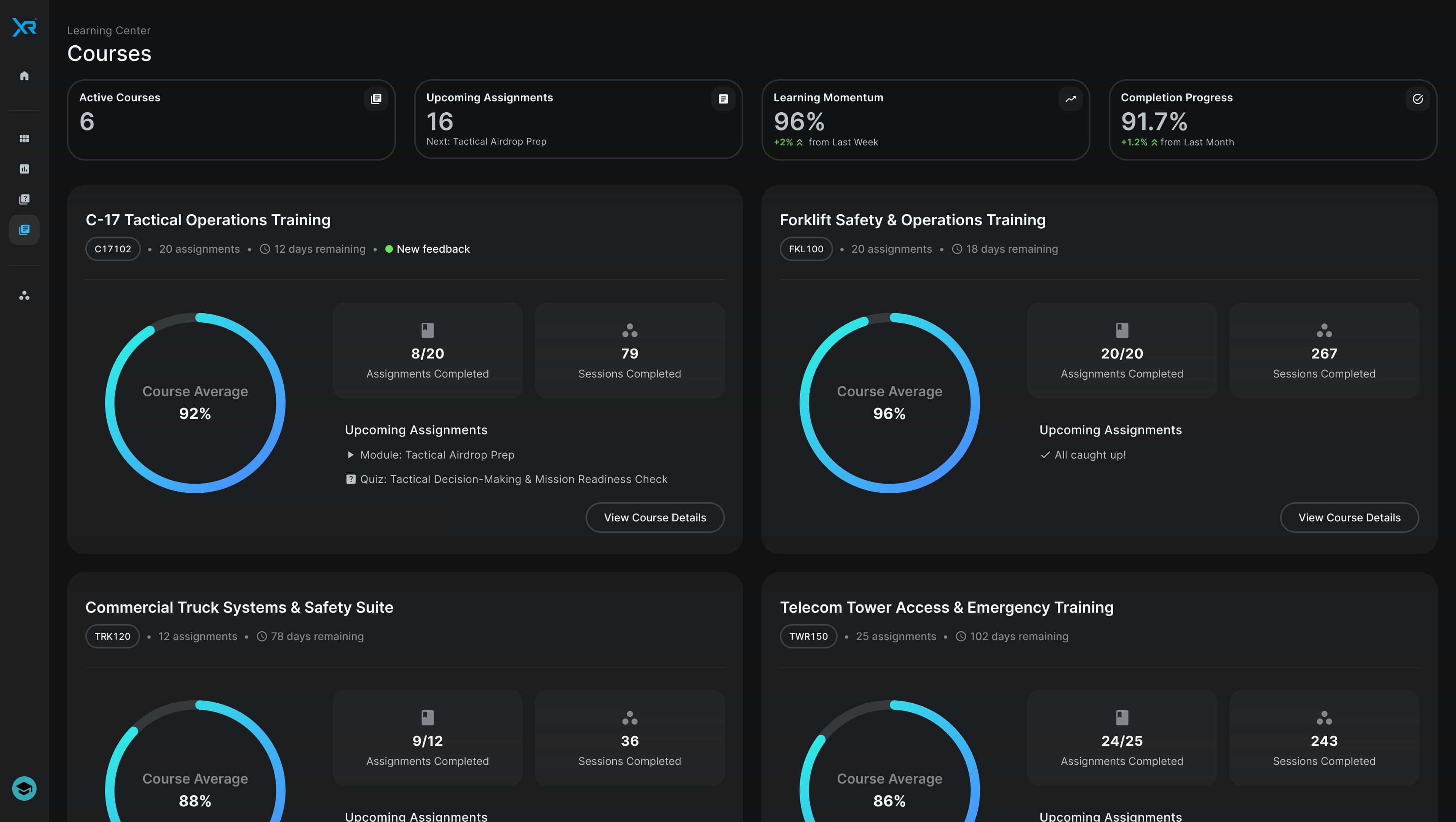 uLCMS Courses screen with progress gauges.