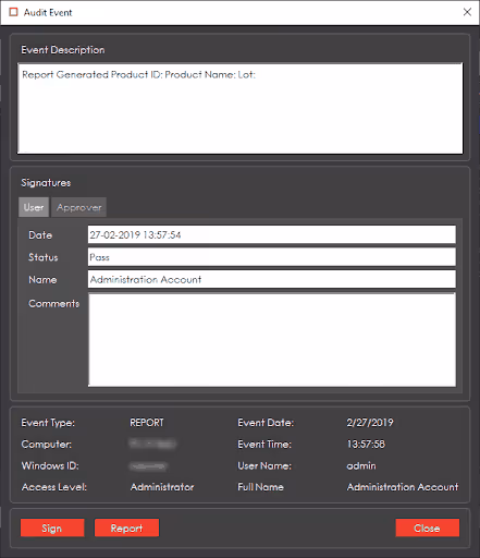 GlobalVision Audit Event Description and Signature Screenshot