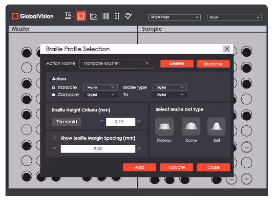 GlobalVision Braille Inspection Software Showing Braille Profile Selection