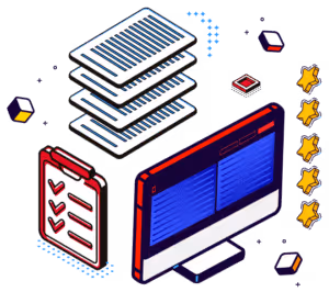 Illustration including a monitor, documents, checklists and reviews.