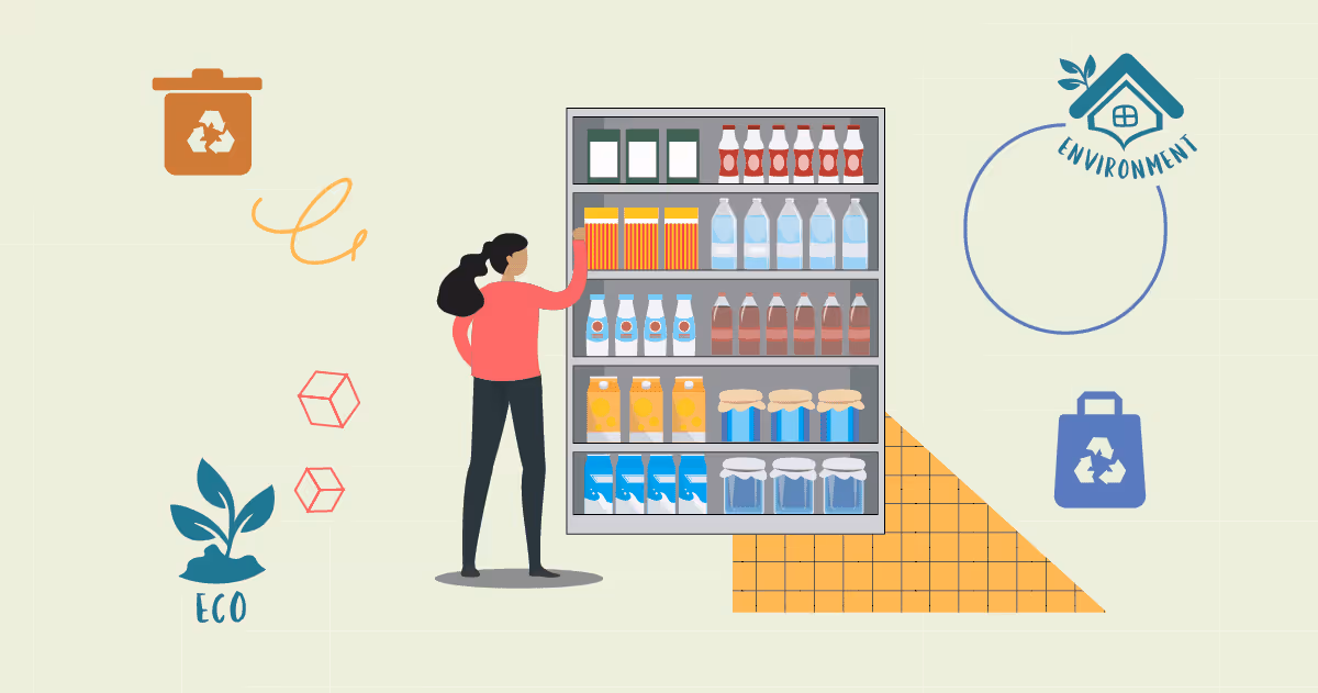 Cartoon woman selecting products on the shelf considering recycling and environment