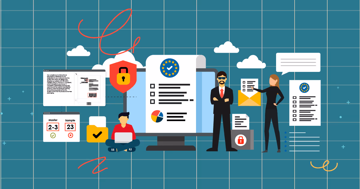 Compliance documents under digital proofing for EU regulatory affairs | Cartoon characters working on regulation, locks, compliance and text inspection