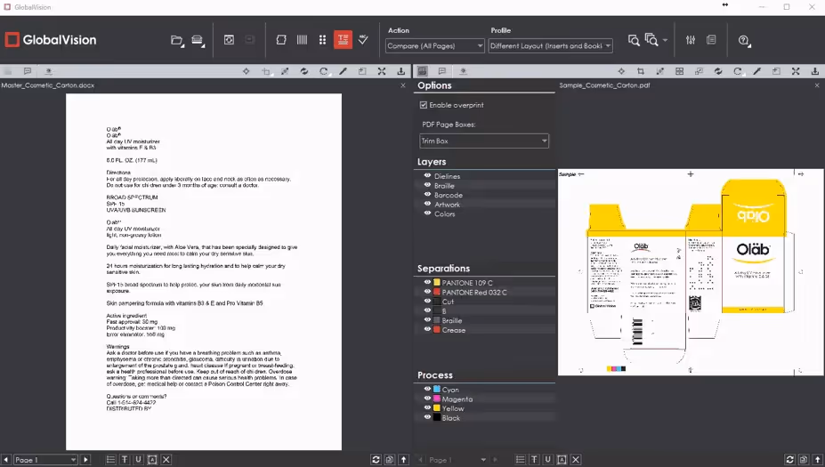 Package text inspection with layers, separations, and process