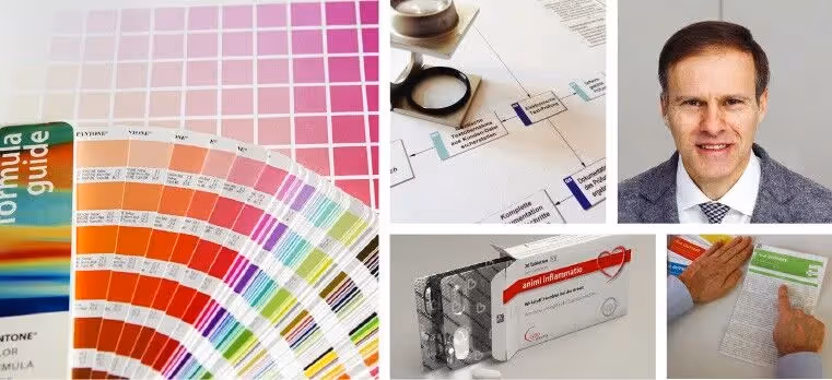 Collage of Color Palettes, packaging, a flow-chart, and a Typopharma employee