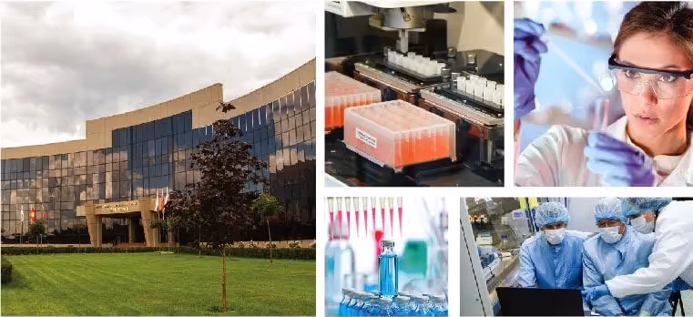 Collage of Generium Pharmaaceuticals building and employees in scrubs running tests using test tubes