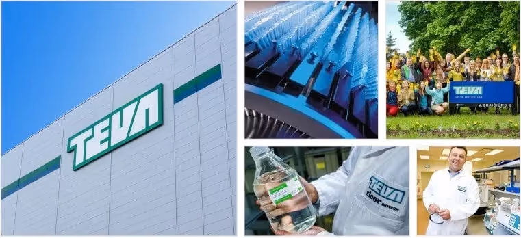 Collage of Teva Baltics building, lab workers and an employee gathering