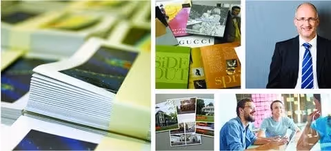 Collage of CRW printed materials, employees, and managers