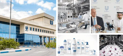 Collage of Unilever facilities, products and employees