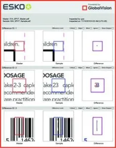 Esko workflow powered by GlobalVision showing Text Inspection and Barcode Inspection report